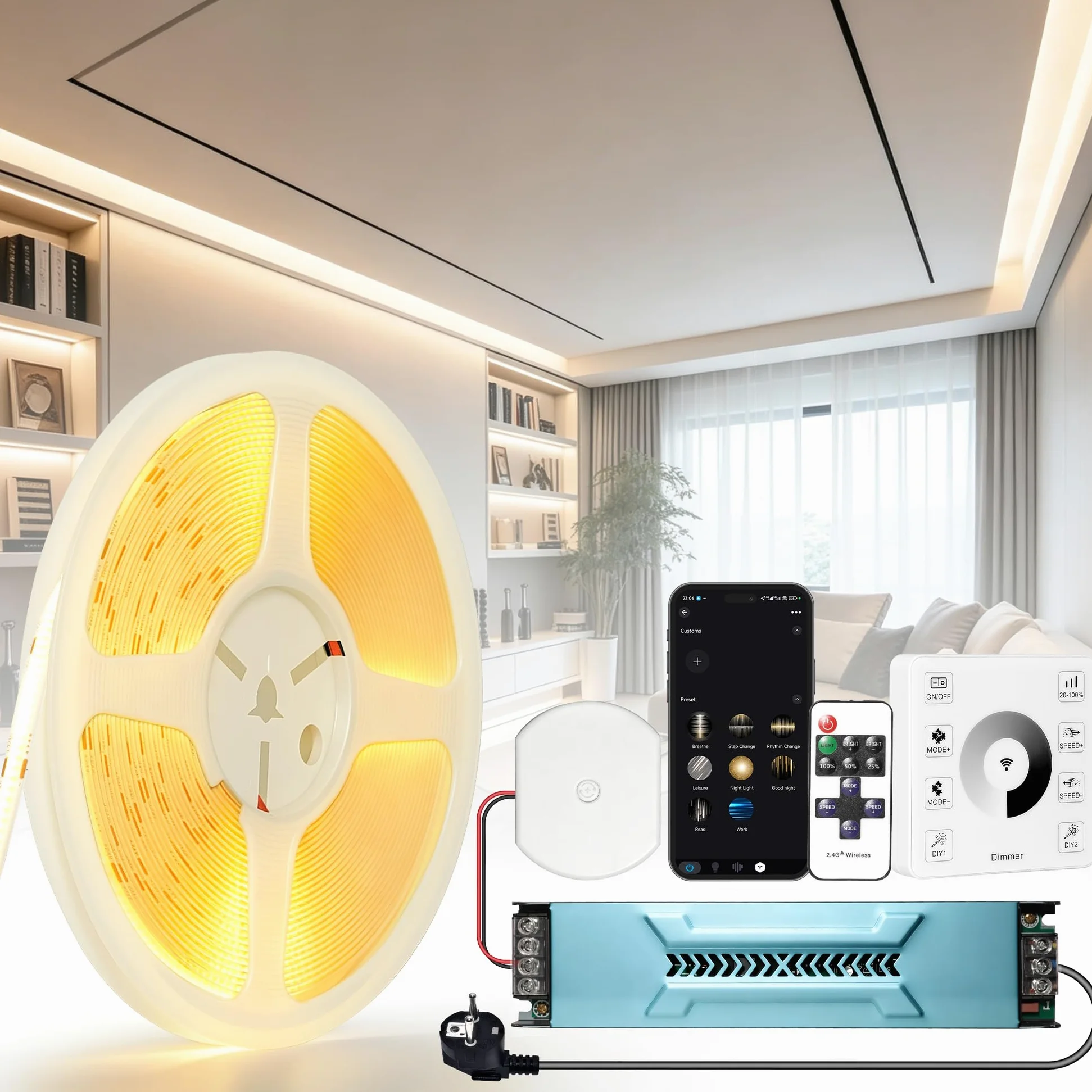24 V 10 m COB LED Taśma ściemnialna 3000 K, ciepła biel, kompatybilna z Alexa, 10 W/M, 336 diod LED/M, CRI 93+, 1000 lM/M, z zasilaczem, do dekoracji wnętrz, sypialni, kuchni, sufitu do salonu, handlu