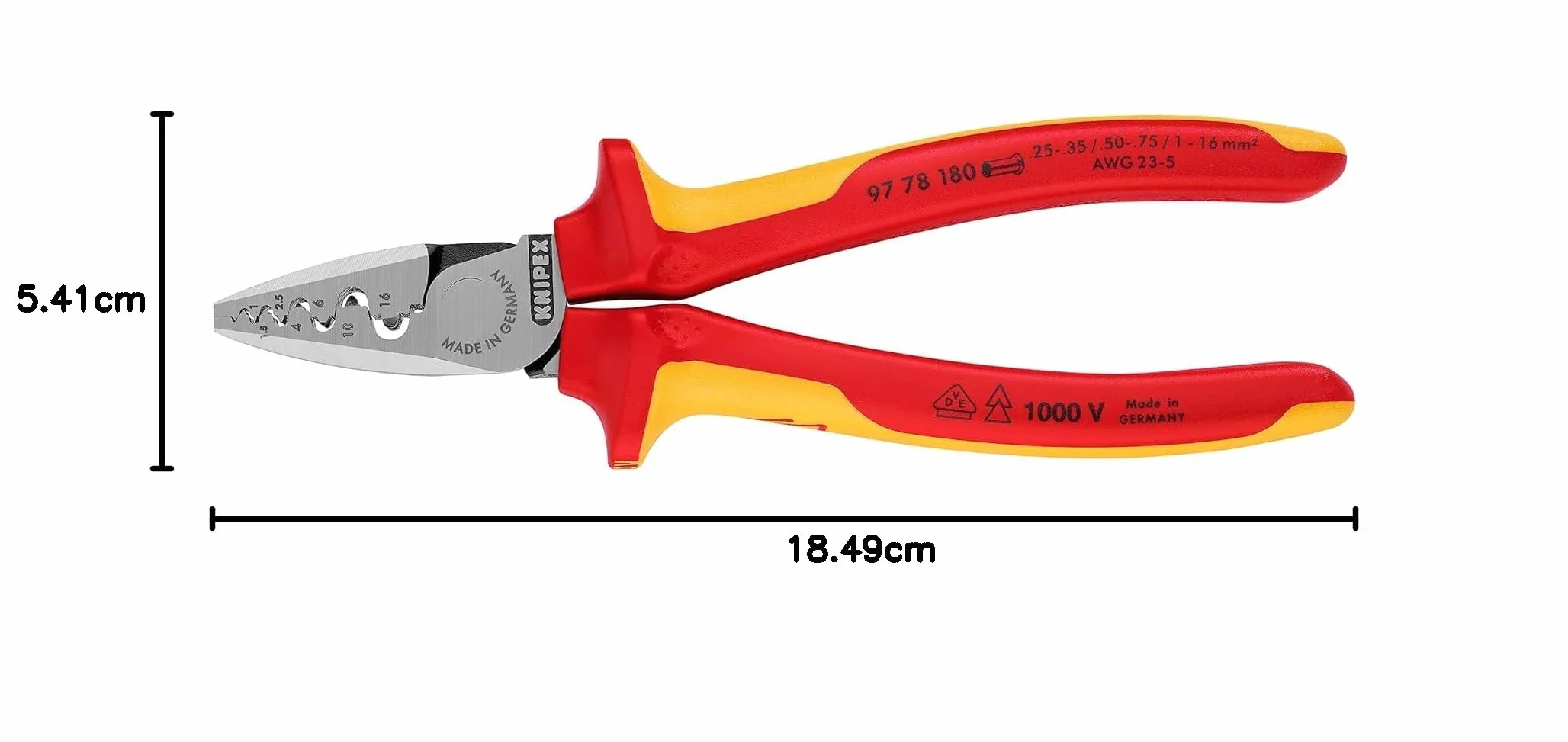 KNIPEX Szczypce do zagniatania tulejek kablowych z wielokomponentowymi osłonkami, izolowane wg VDE 180 mm, 97 78 180
