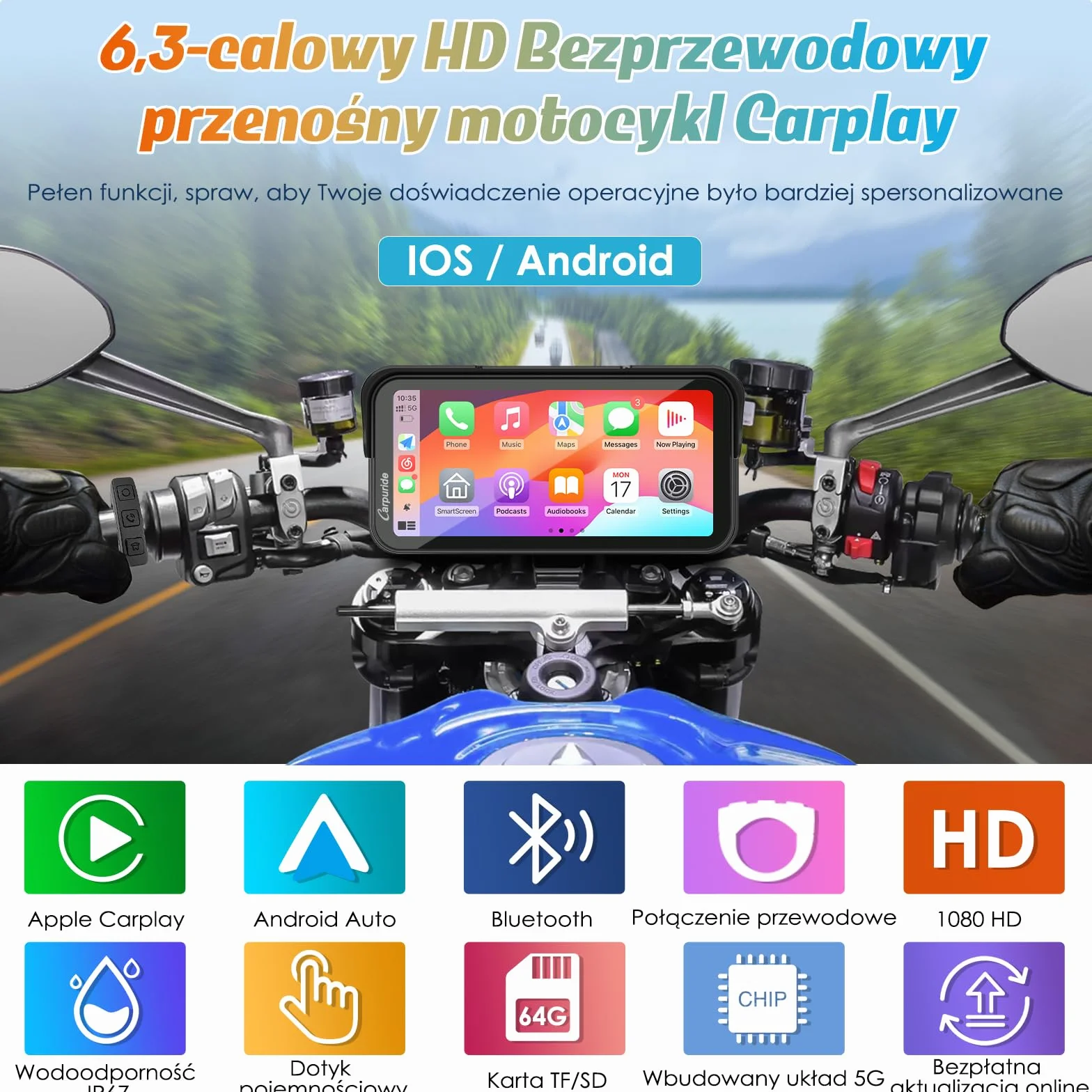 Carpuride W603 Ekran motocyklowy Carplay, Bezprzewodowa funkcja CarPlay i Android Auto dla Moto, Pilot zdalnego sterowania, Wodoodporny ekran dotykowy 6,3 cala, Nawigacja GPS, Siri, Asystent G00gle