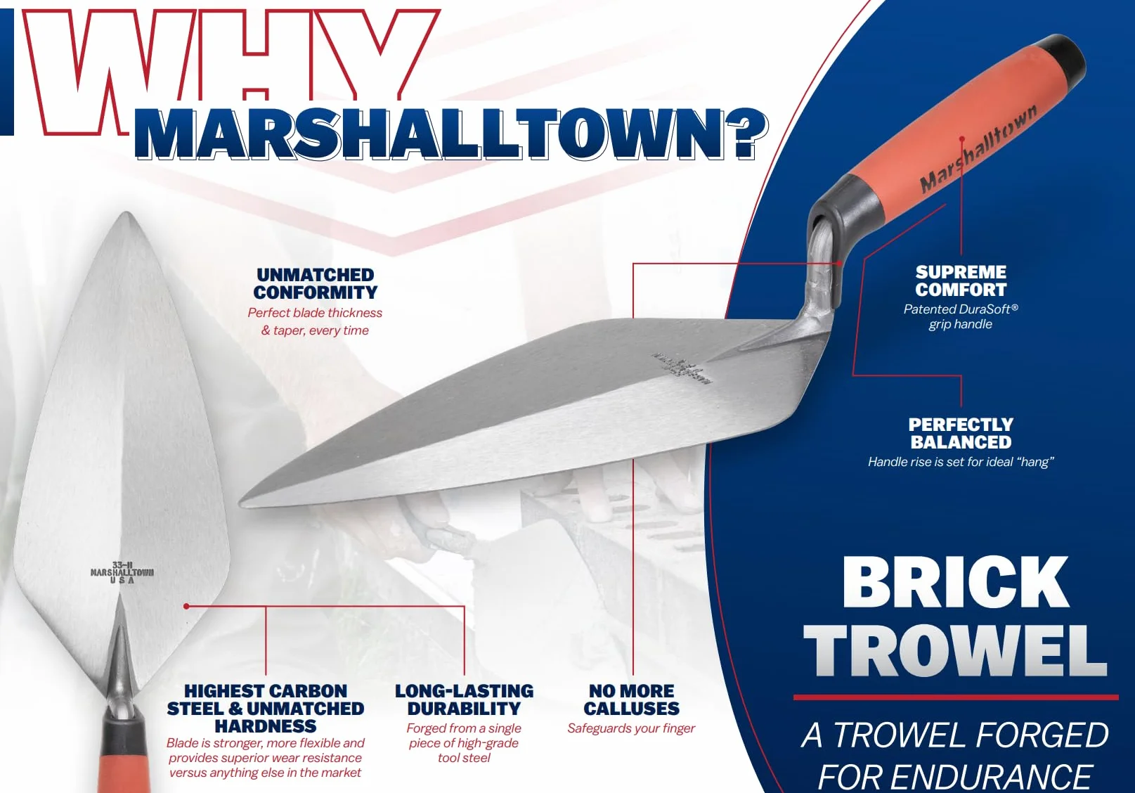 Marshalltown Kielnia, kielnia typu Philadelphia z uchwytem Durasoft, ze zwężoną końcówką i prostą szyjką, wykonana ze stali węglowej, wymiary kielni: 254x127 mm
