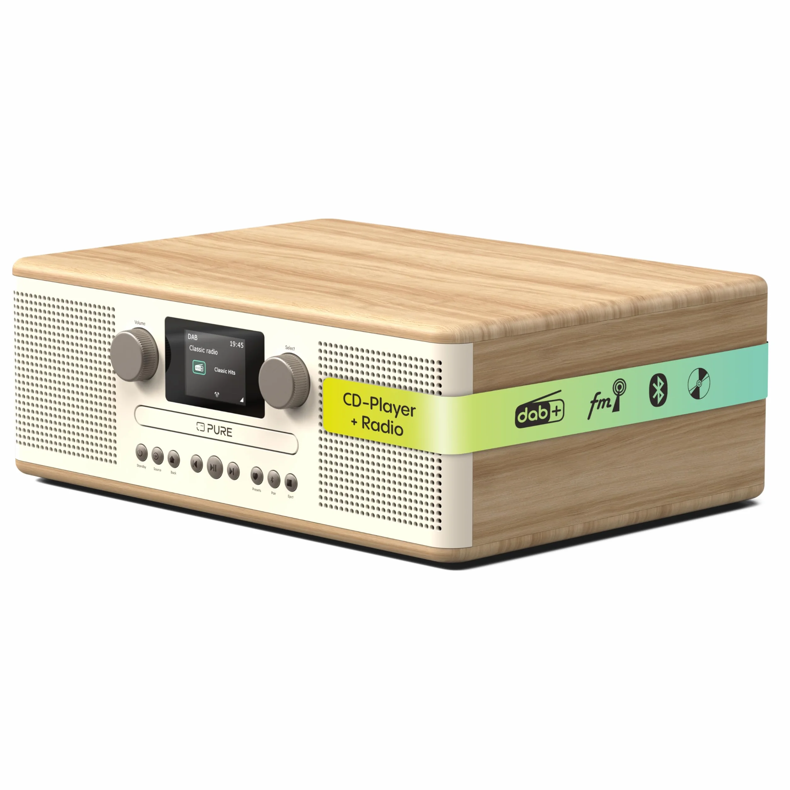 Pure Klasyczny system muzyczny C-D6 (odtwarzacz CD, DAB+/FM, Bluetooth, AUX, USB, Alarm Sleep Timer) bawełna biały/dąb