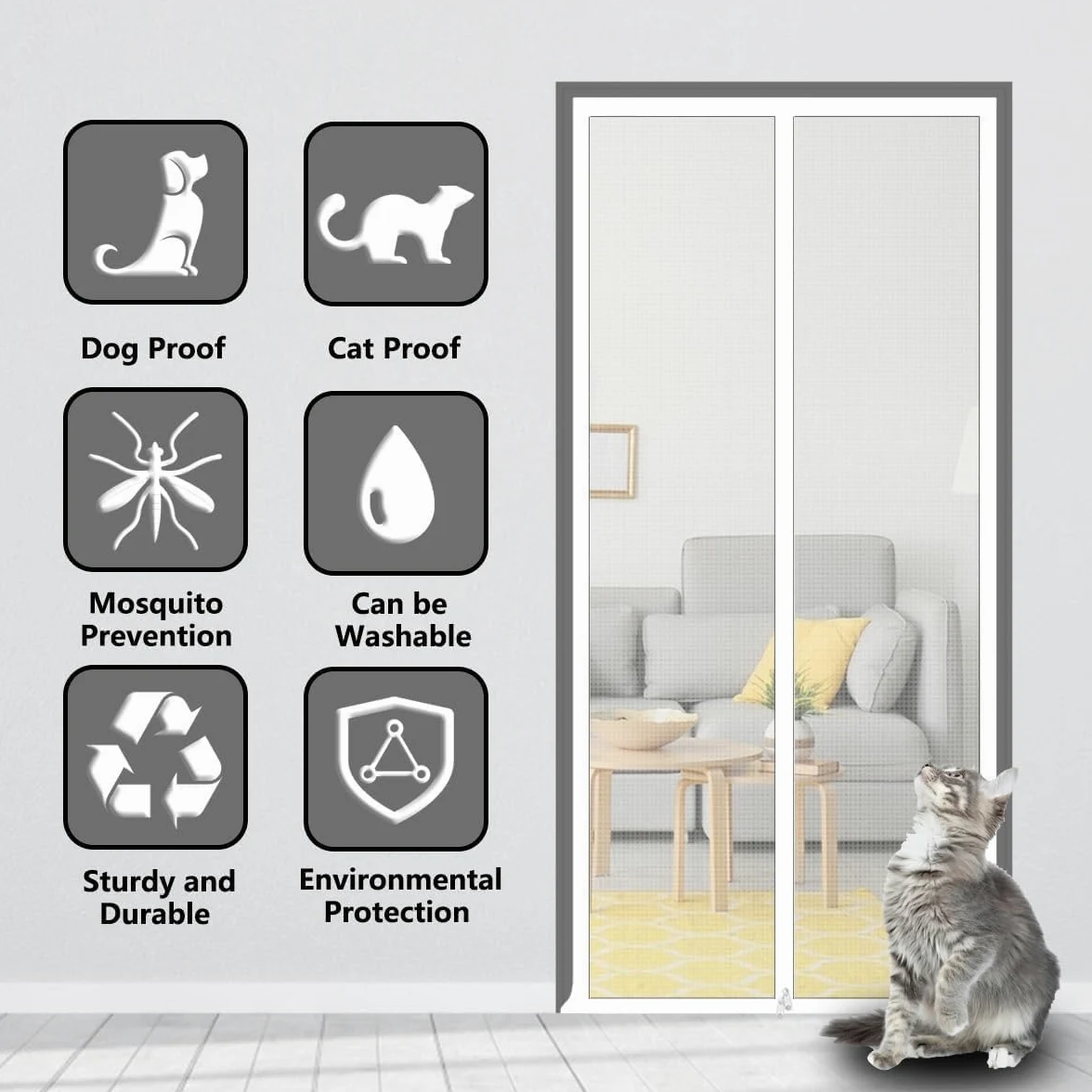 Drzwi z siatką na zamek błyskawiczny dla zwierząt, Drzwi siatkowe Cat na balkon, białe, w wielu rozmiarach(85x210cm)