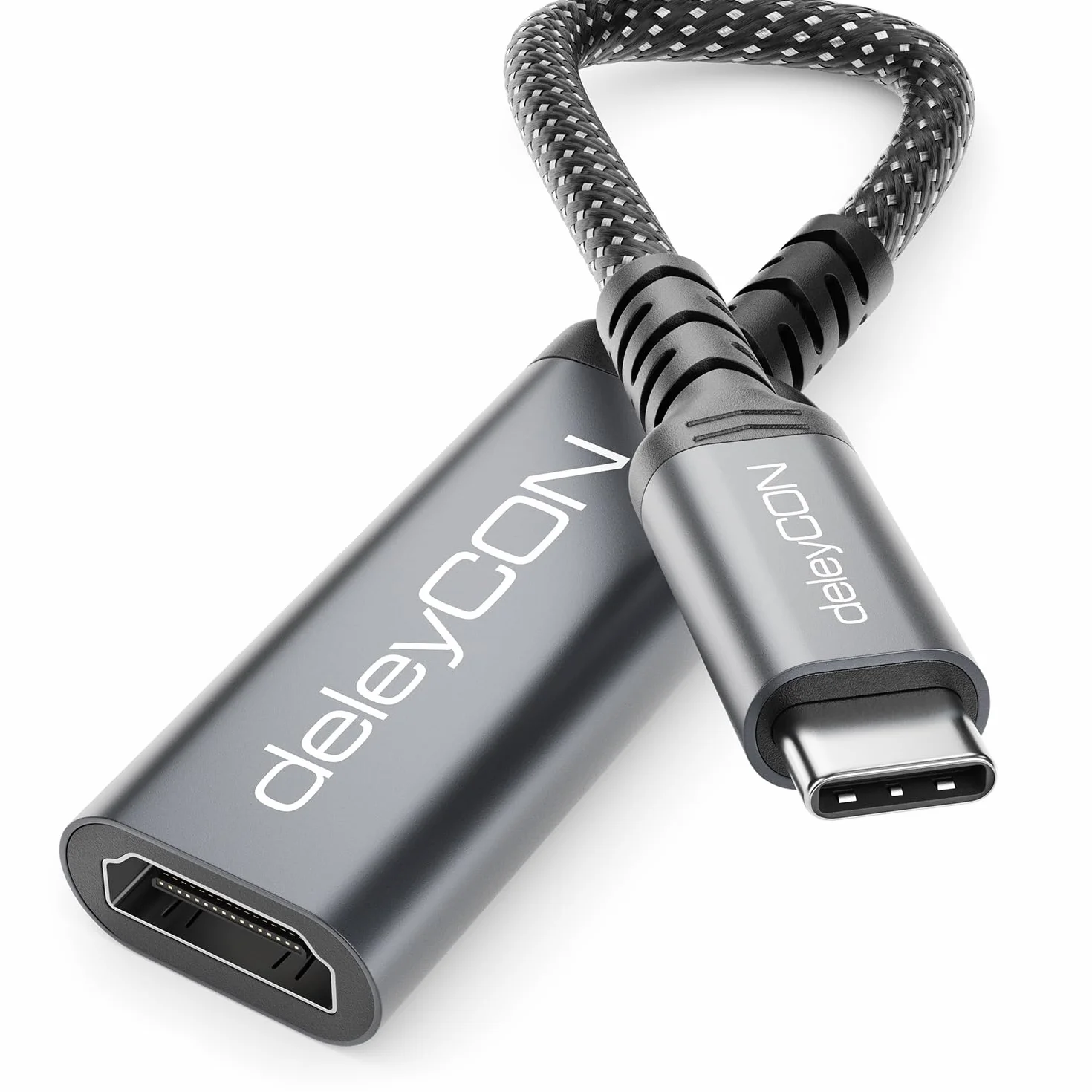 deleyCON Adapter Kabel USB‑C na HDMI - 4K UHD 60Hz - Aluminiowy, Pleciony - do Monitorów/TV/Projektorów HDMI - Kompatybilny z Thunderbolt 3/4, iPhone 17/16/15, MacBook, iPad Pro/Air, Galaxy S25/S24