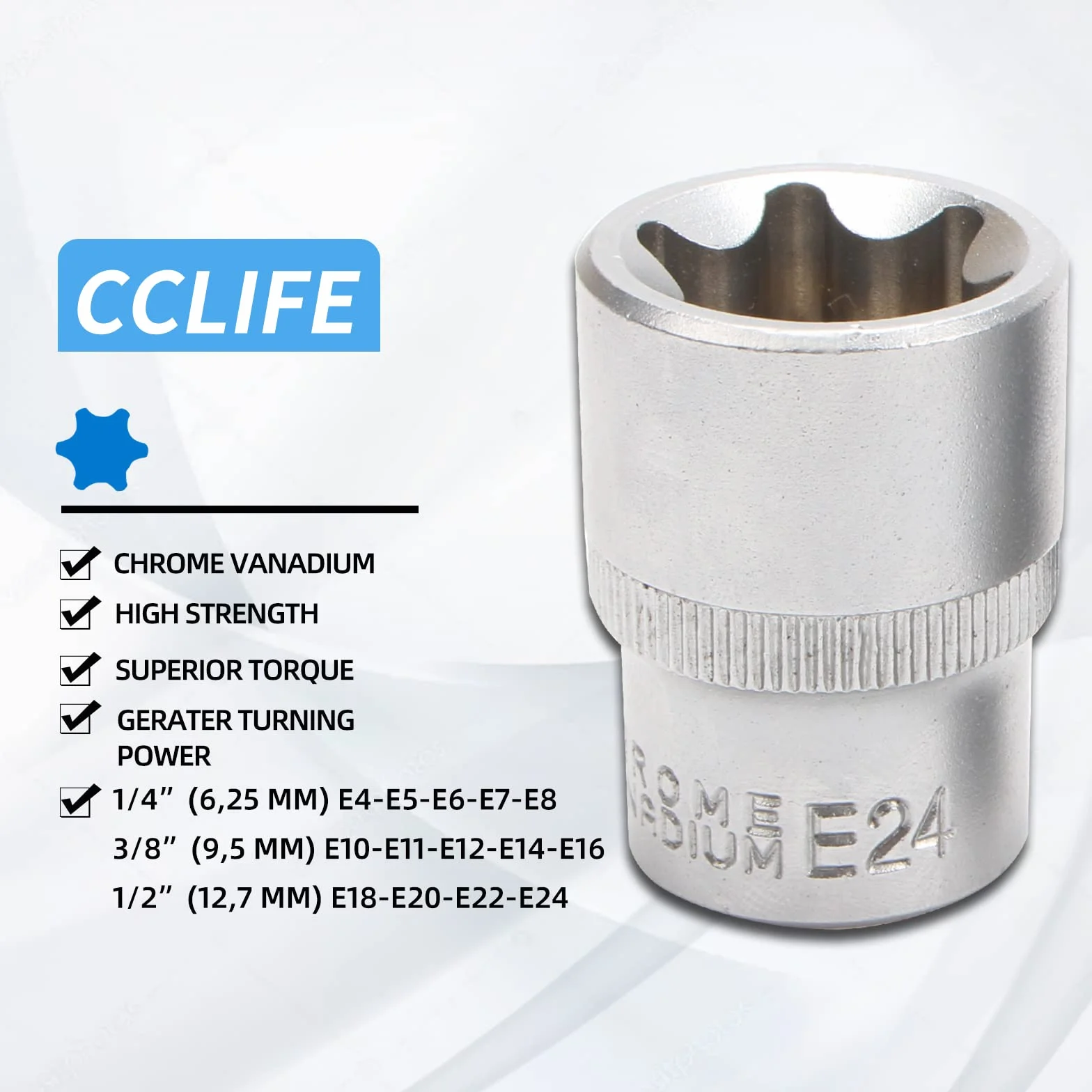 CCLIFE Zestaw kluczy nasadowych torx E-profil, E4-E24, 1/4, 3/8, 1/2 cala, 14 szt.
