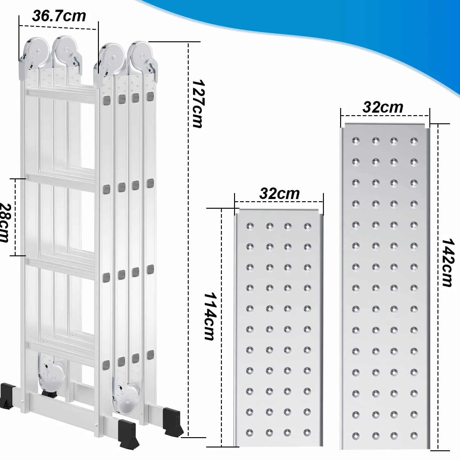 Aluminiowa Wielofunkcyjna Drabina 4,7 m, 4 x 4 Stopnie, Z Platformą, Z 2 Płytami Rusztowania, Do 150 kg, Składana 16 Stopni, Srebrna