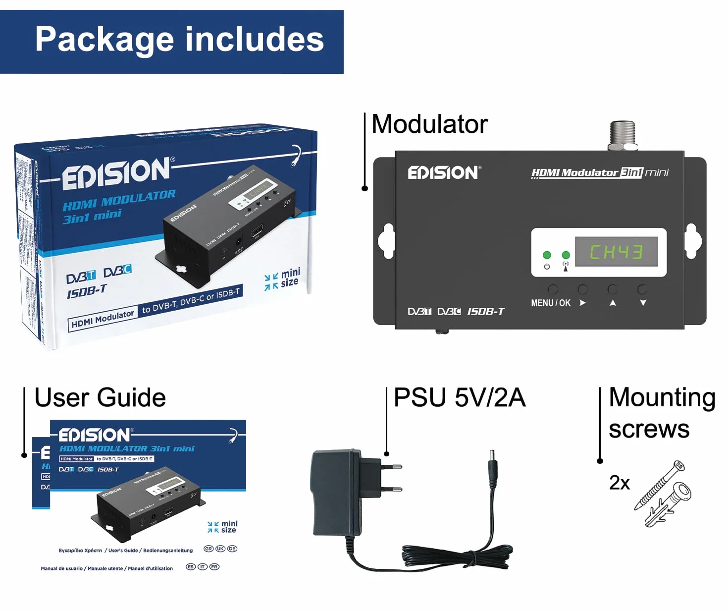 EDISION HDMI Modulator 3in1 mini DVB-T ISDB-T DVB-C FullHD koncentryk LED wyświetlacz