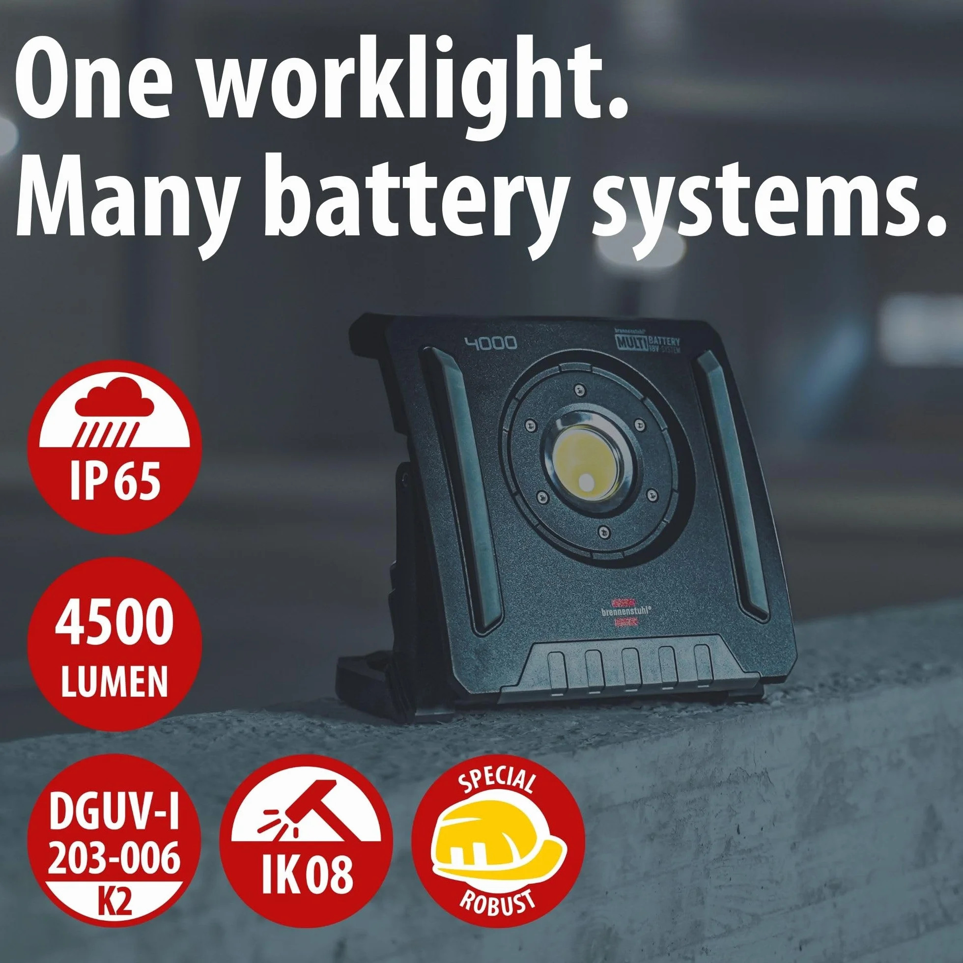 Brennenstuhl Professional Multi Battery 18V System Reflektor LED 4000 MA kompatybilny z akumulatorami 18V od 10 różnych producentów (w tym adapter interfejsu, 40W, 4500lm, IP65, bez akumulatora)