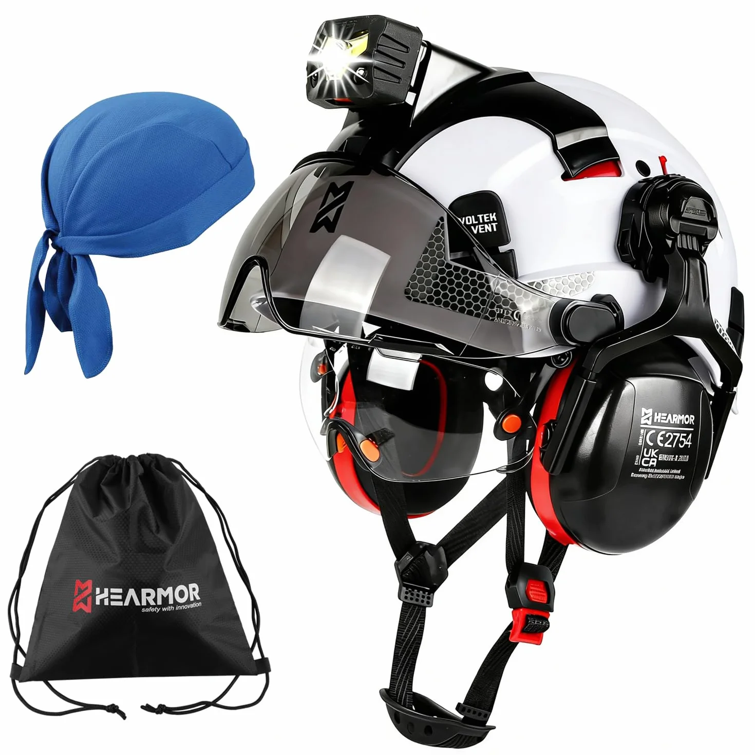 HEARMOR VOLTEK CE EN397 kask ochronny z certyfikatem CE EN397 z lampą czołową LED + wizjerem i ochroną słuchu | do prac leśnych, prac budowlanych i wspinaczki | wysokiej jakości kask roboczy z