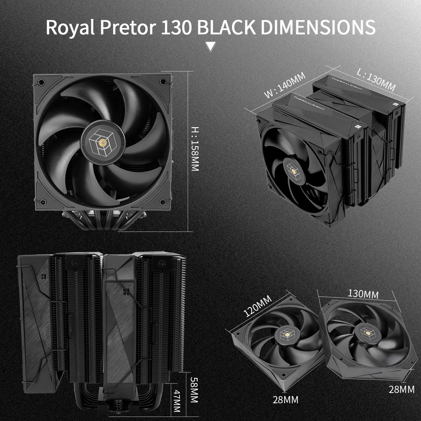 Thermalright Royal Pretor 130 Black chłodziarka powietrzna CPU, komputerowa chłodnica z podwójną wieżą, 6 rurek ciepła, chłodzenie CPU, wentylator Dual-PWM, wysokowydajna chłodnica PC, do AM4/AM5