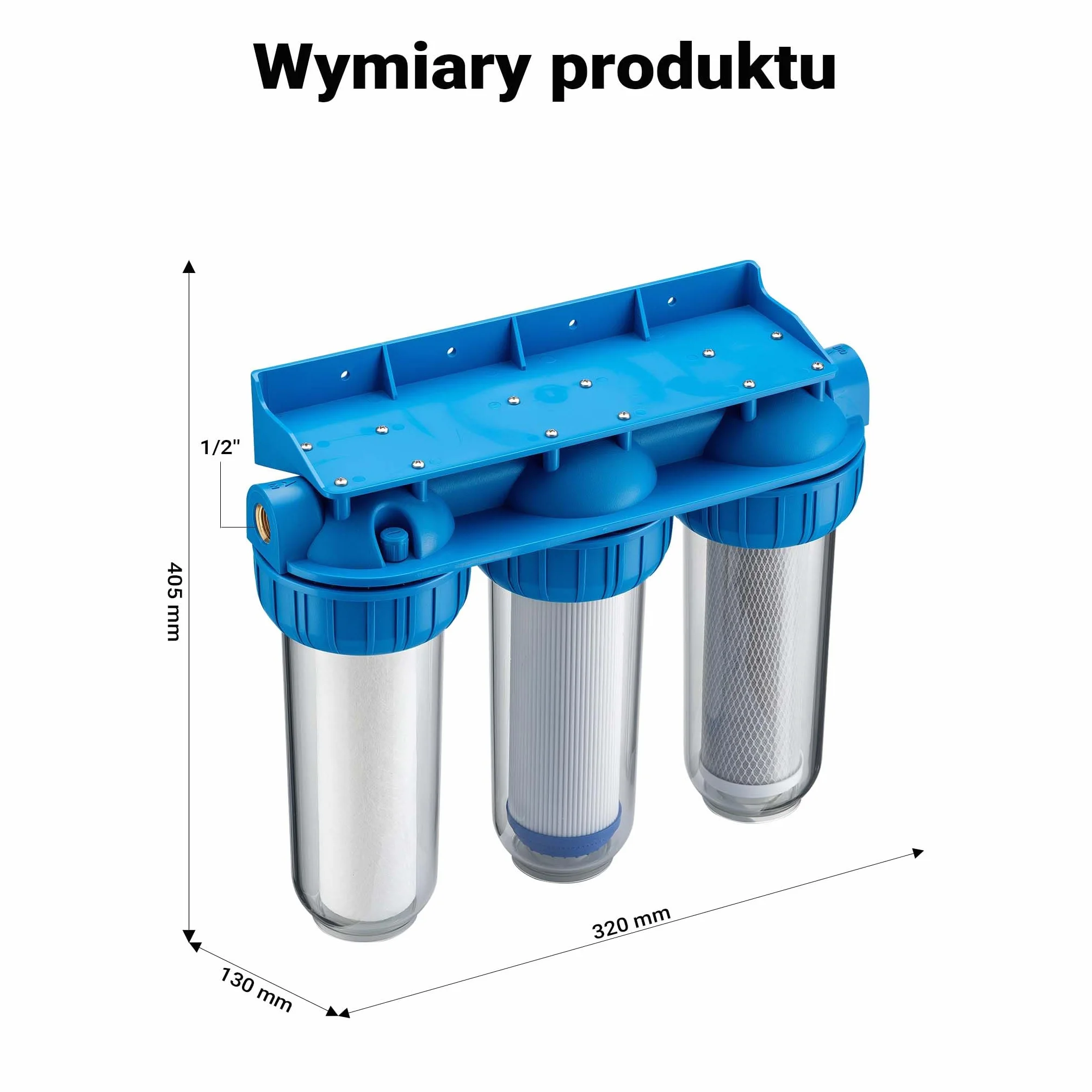 Naturewater NW-BR10B4 3-stopniowy filtr do wody 5 µ 20,67 mm (1/2") wkład PP Ø60 mm uchwyt ścienny klucz filtr osadów blok węgla aktywnego granulat