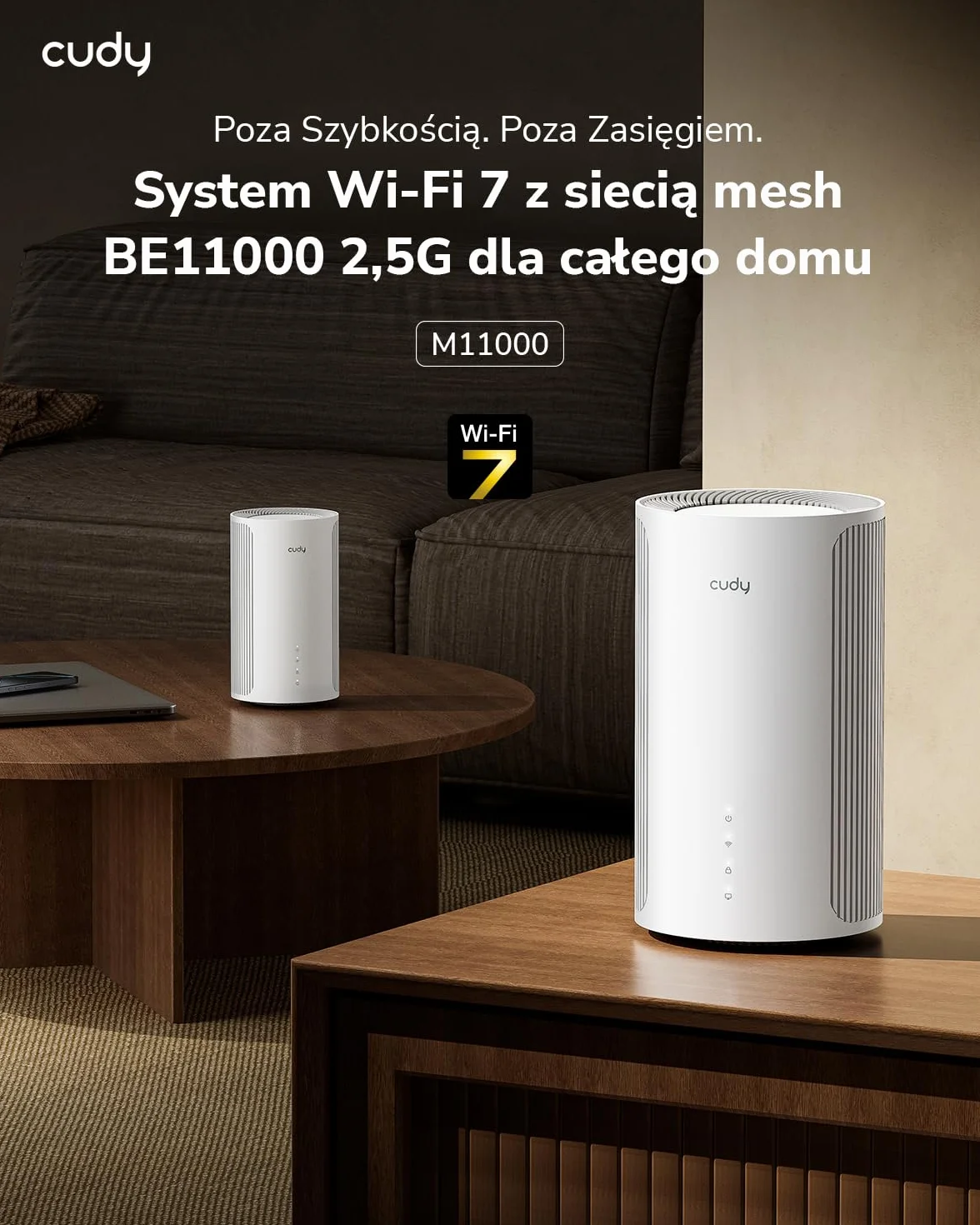 Cudy Tri-Band WiFi 7 BE11000 Whole Home Mesh System, 6-Stream 10 Gb/s, 4 porty 2,5G, MU-MIMO, Multi-VPN, Cudy APP, inteligentne anteny wewnętrzne, M11000 2-pak