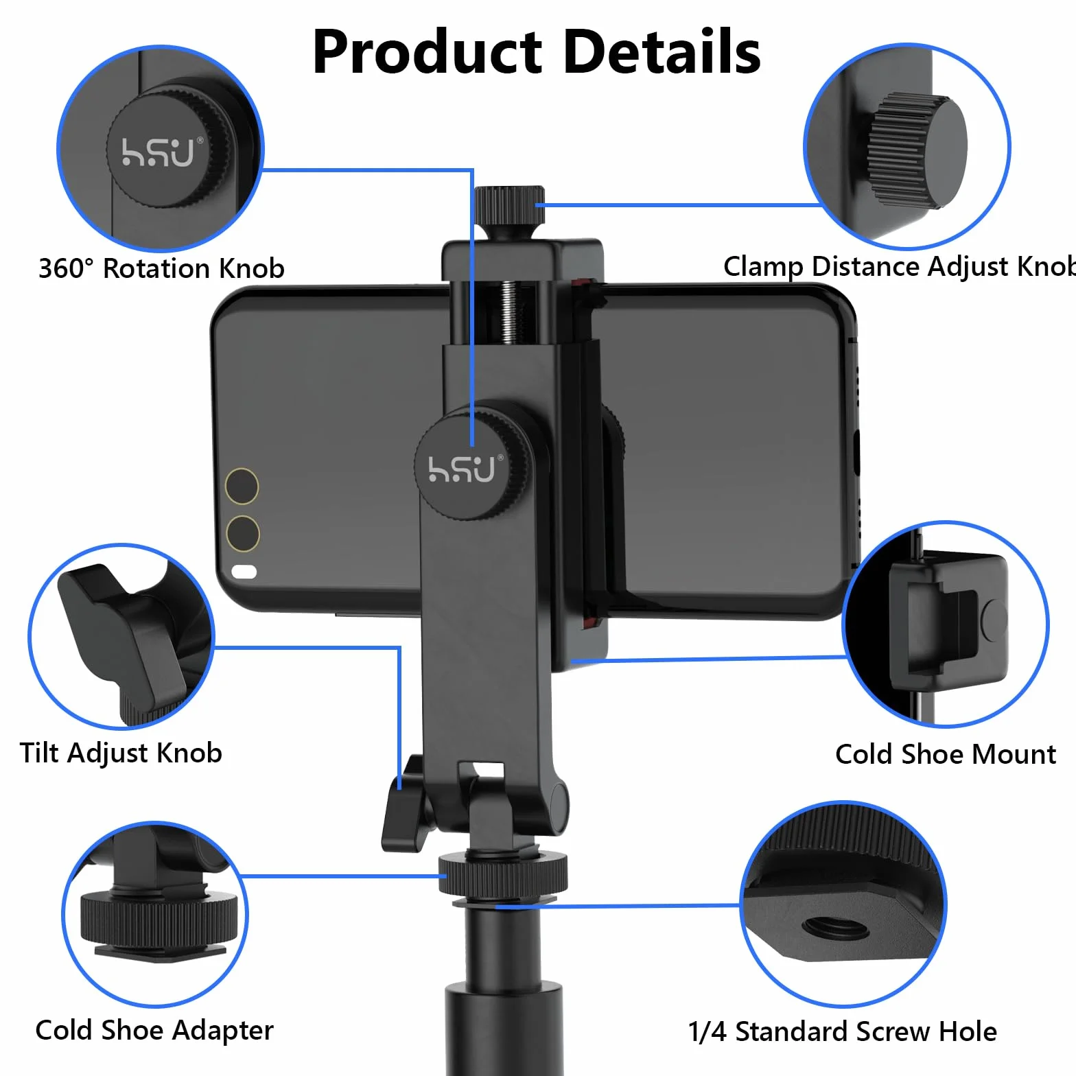 HSU Uchwyt na telefon z zimną stopką, uniwersalny adapter do statywu, 5,3-10 cm, do fotografii mobilnej