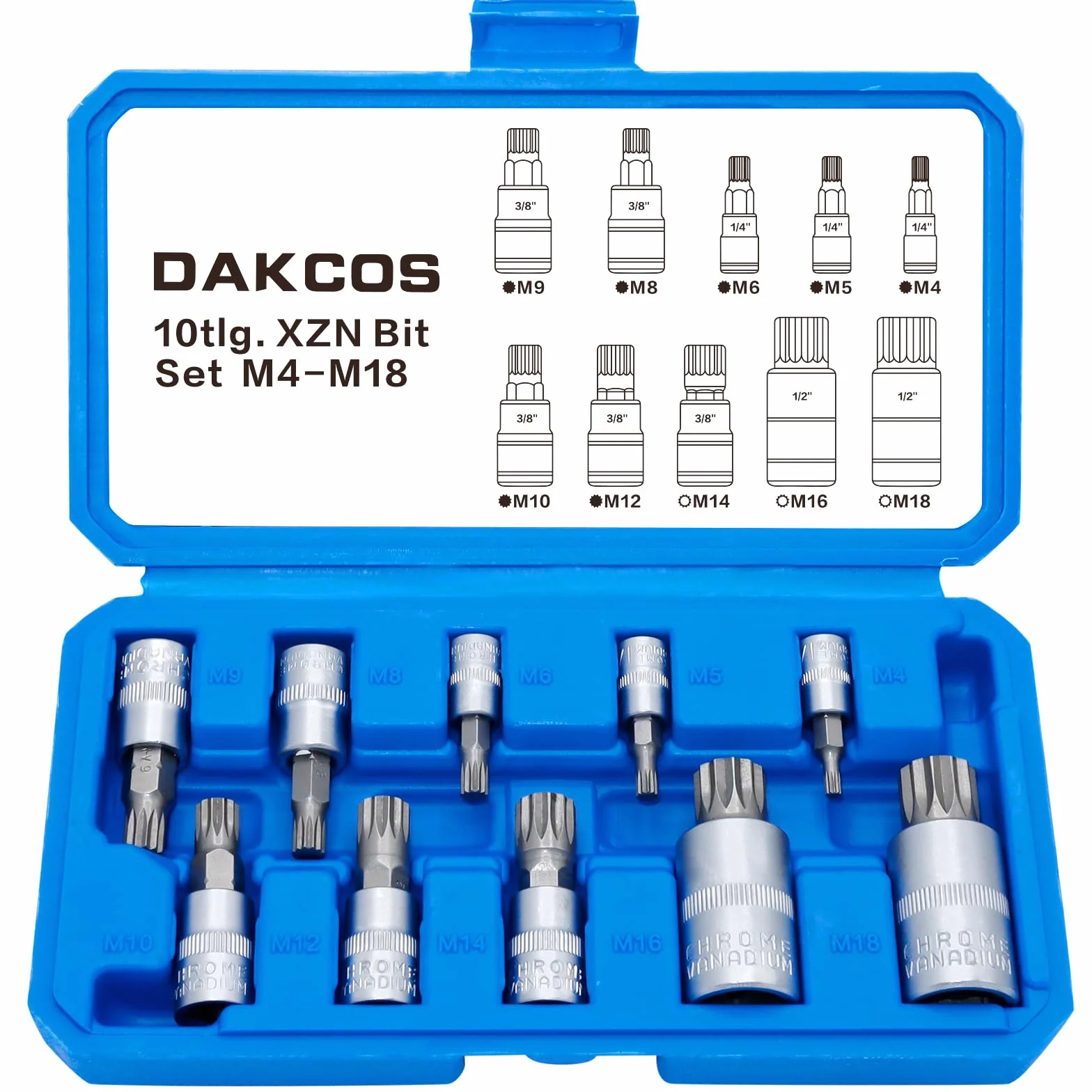DAKCOS 10 szt. zestaw gniazd Spline XZN, typ M, M4-M18 do 1/2", 3/8", napęd 1/4", zestaw bitów z potrójnymi kwadratowymi wypustami