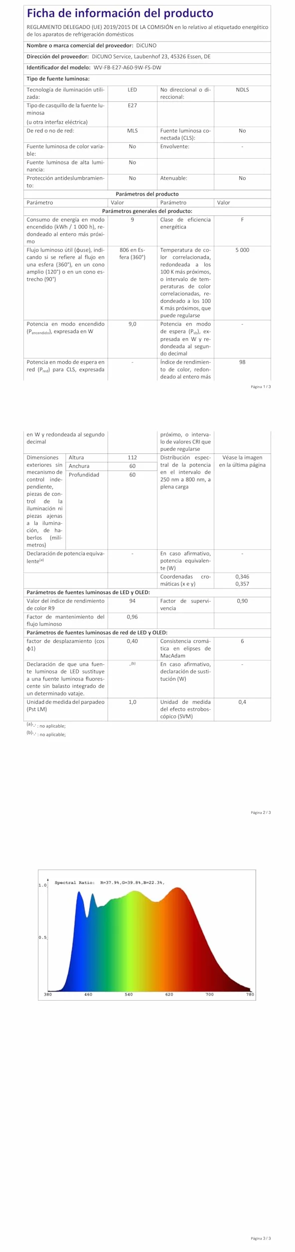 DiCUNO ProOE żarówka LED A60 9 W, oprawka E27, zimna biel, 5000 K, odpowiednik 60 W, 806 lumenów, IRC98, oszczędność energii, nieściemnialna, 100-240 V, zestaw 6 sztuk