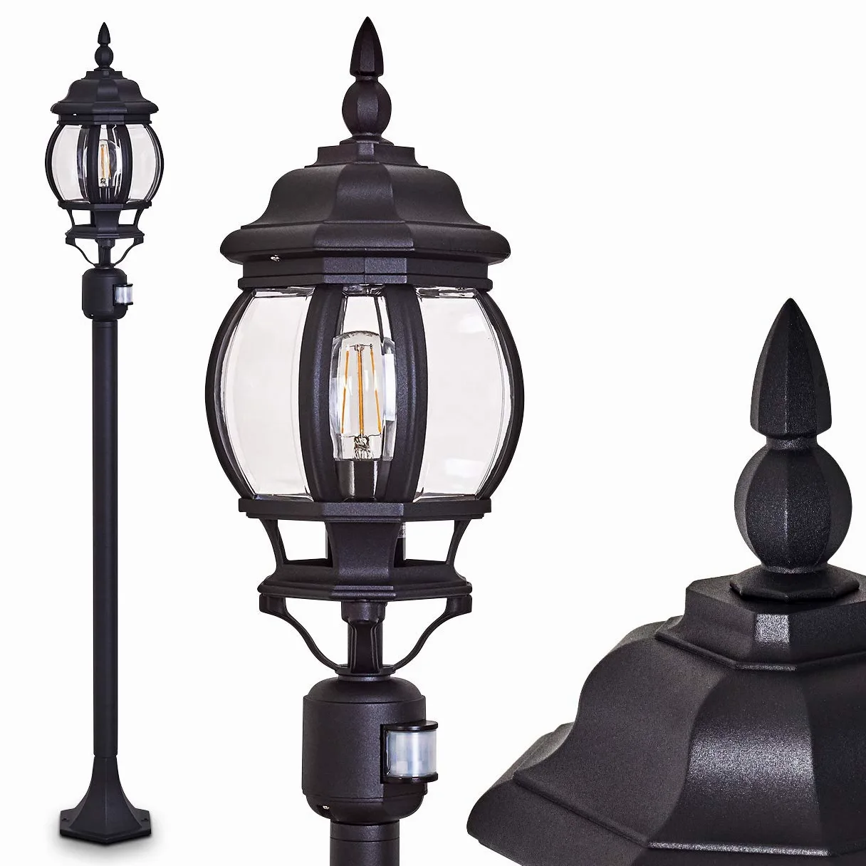 Lampa zewnętrzna Lentua z czujnikiem ruchu, oświetlenie drogi, odlew aluminiowy w kolorze czarnym z plastikowymi tarczami, lampa podłogowa 130cm, E27, IP44, bez żarówek