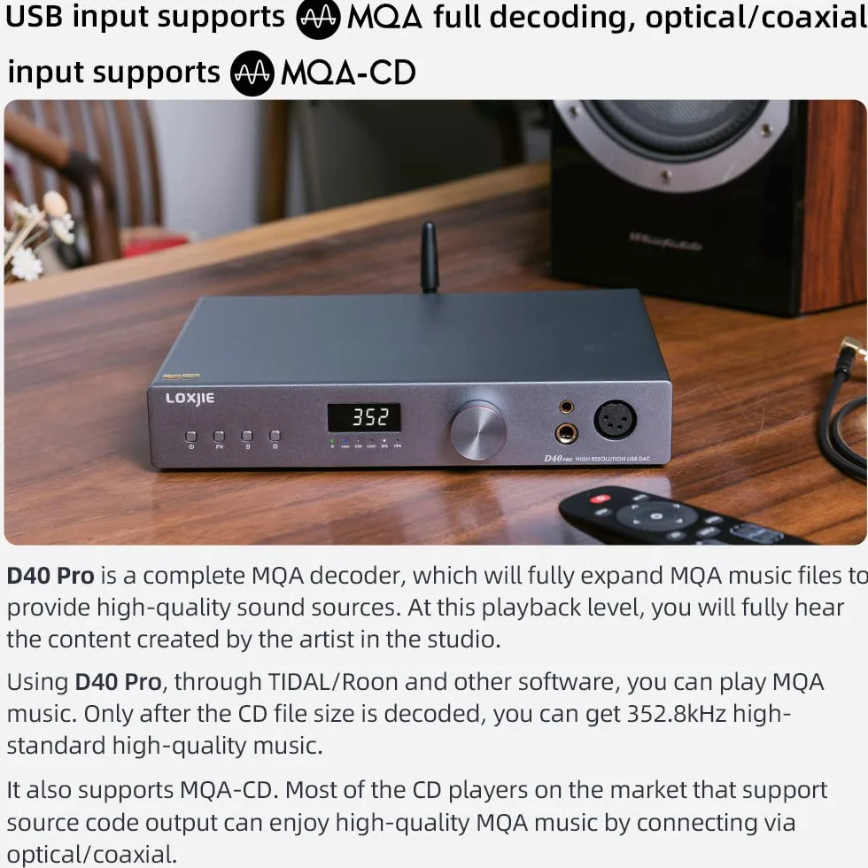 LOXJIE D40 Pro, dekoderowy wzmacniacz słuchawkowy, ES 9039MS Pro Chip, MQA Full dekoder, obsługa transmisji DSD, OPA1612, XU-316, Bluetooth 5.0, z pilotem zdalnego sterowania