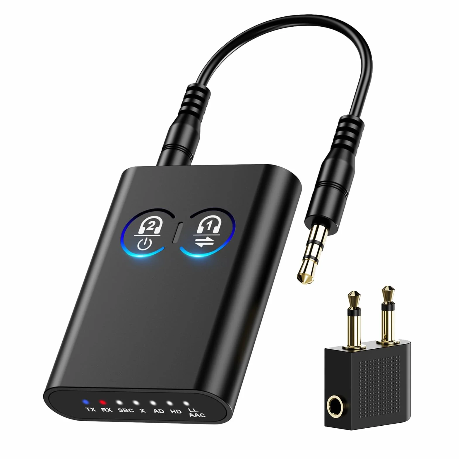 ORIA AptX Adaptive adapter 2 w 1 z podwójnym połączeniem i gniazdem 3,5 mm, bezprzewodowy konwerter audio do komputera, samochodu, gier, głośników, słuchawek i samolotu