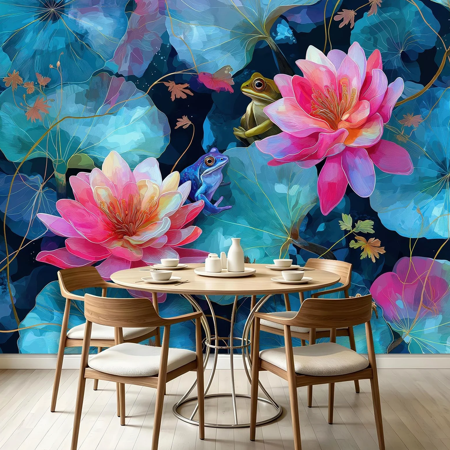 Fototapeta z efektem 3D, zwierzęta, żaby, akwarela – 250 x 175 cm, tapeta z włókniny, kwiatowe, lilie wodne, liście lotosu, tapeta ścienna, matowa i wodoszczelna, do salonu i sypialni, nowoczesna