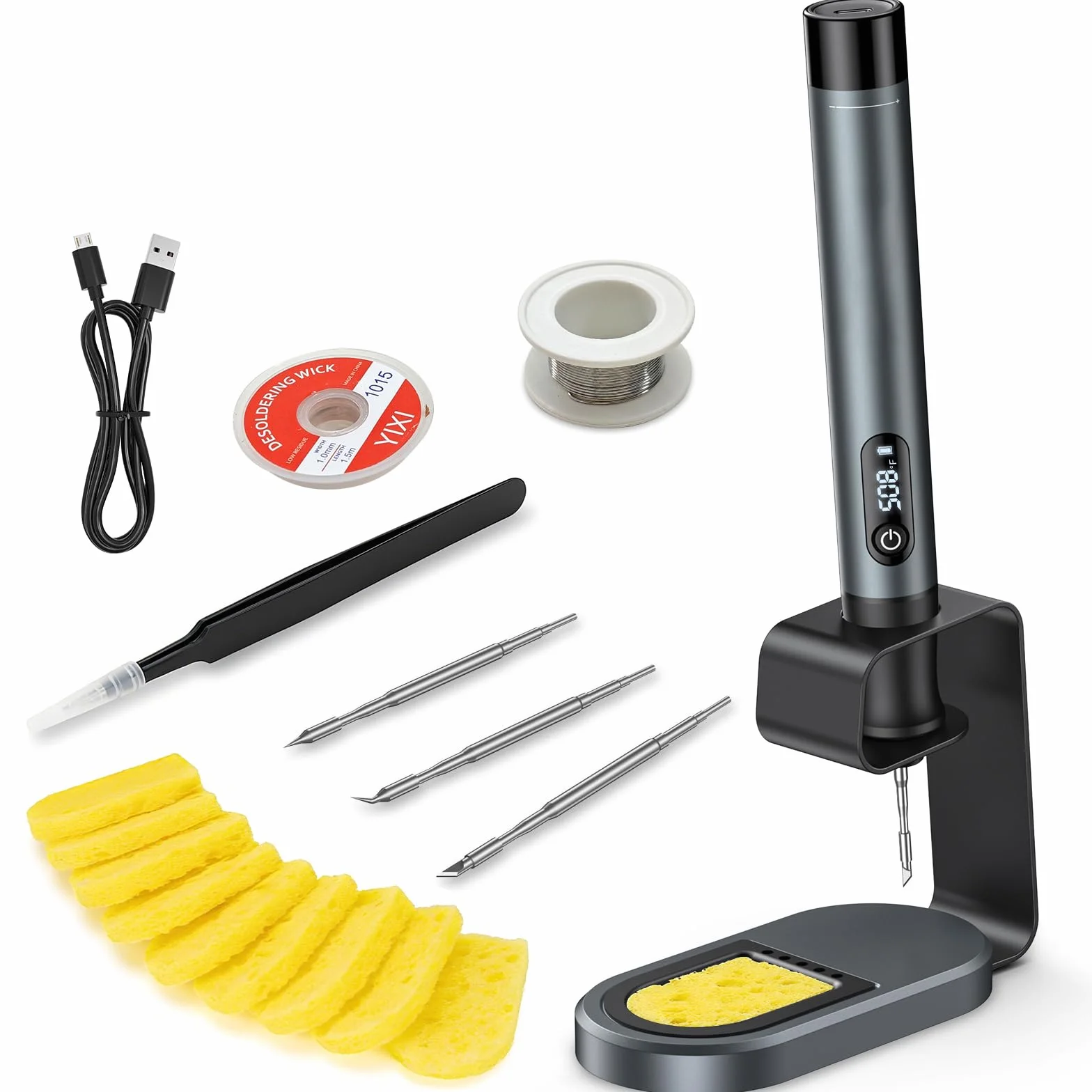 Zestaw do lutowania akumulatorowego z wyświetlaczem LCD, szybkie nagrzewanie 7 s, regulacja temperatury 200-450°C, ładowanie USB-C, tryb automatycznego uśpienia, 3 końcówki C210 i przenośny zestaw