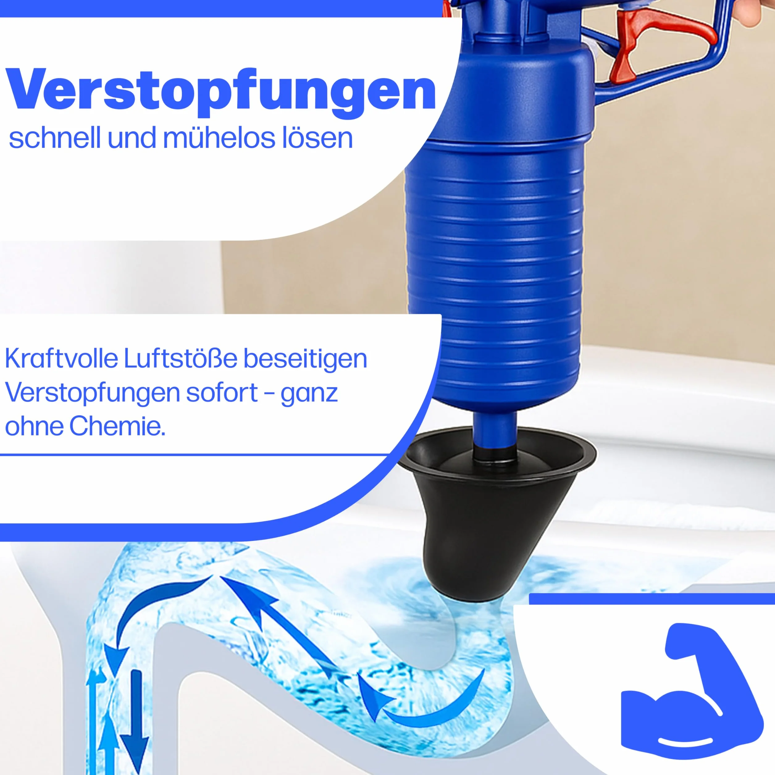 Retoo Pistolet do czyszczenia rur, preparat z 4 gumowymi adapterami, sprężone powietrze, urządzenie do usuwania zatorów rur do toalety, prysznica, umywalki, toalety, kuchni, niebieski