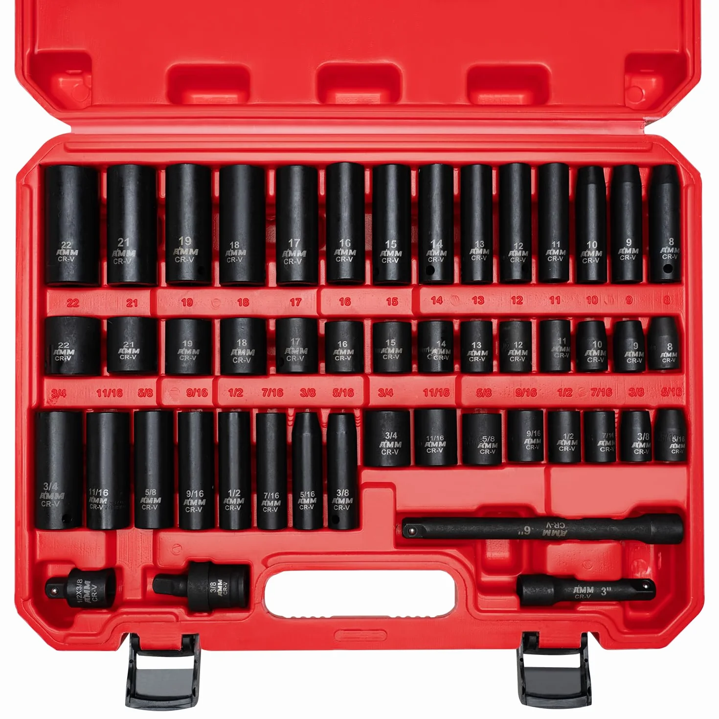 AMM Zestaw nasadek udarowych 3/8”, 48 szt., standard SAE (5/16 do 3/4”), rozmiar metryczny (8–22 mm), drążek przedłużający 7,6 i 15,2 cm, uniwersalne złącze udarowe, adapter udarowy 3/8 do 1/2”, CR-V