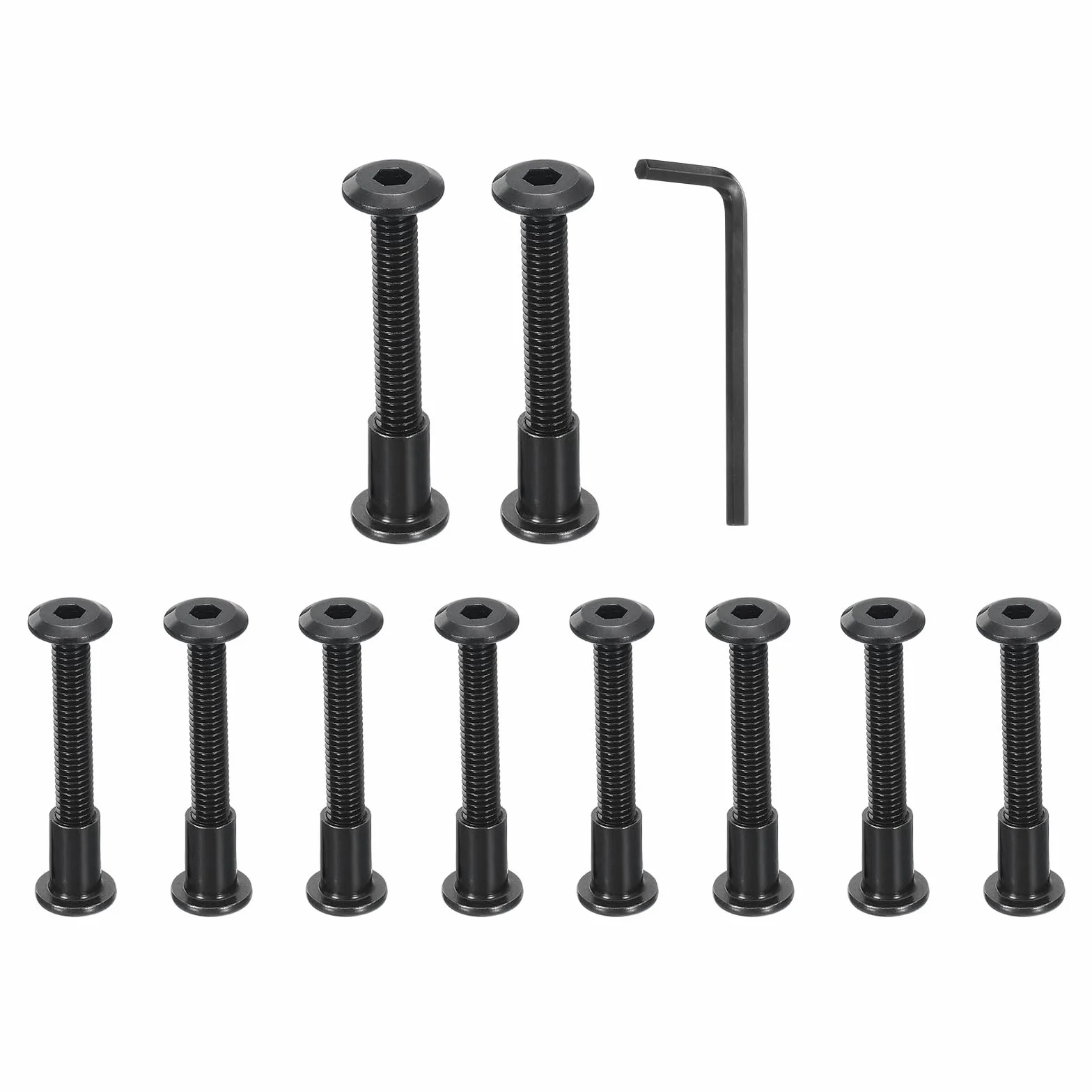 QUARKZMAN 10 zestawów Śruby z łbem sześciokątnym M6x45mm z nakrętkami M6x12mm i kluczem sześciokątnym, śrubami i śrubami łączącymi meble do paska wpuszczanego mebli, czarny