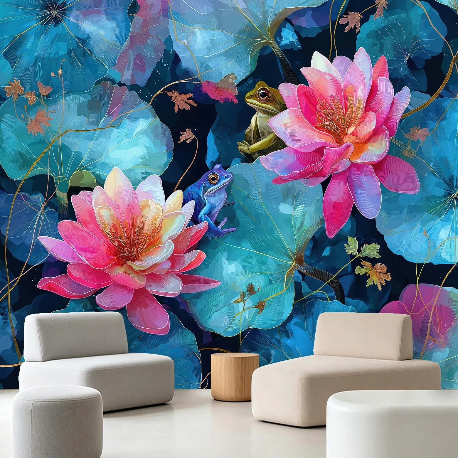 Fototapeta z efektem 3D, zwierzęta, żaby, akwarela – 250 x 175 cm, tapeta z włókniny, kwiatowe, lilie wodne, liście lotosu, tapeta ścienna, matowa i wodoszczelna, do salonu i sypialni, nowoczesna