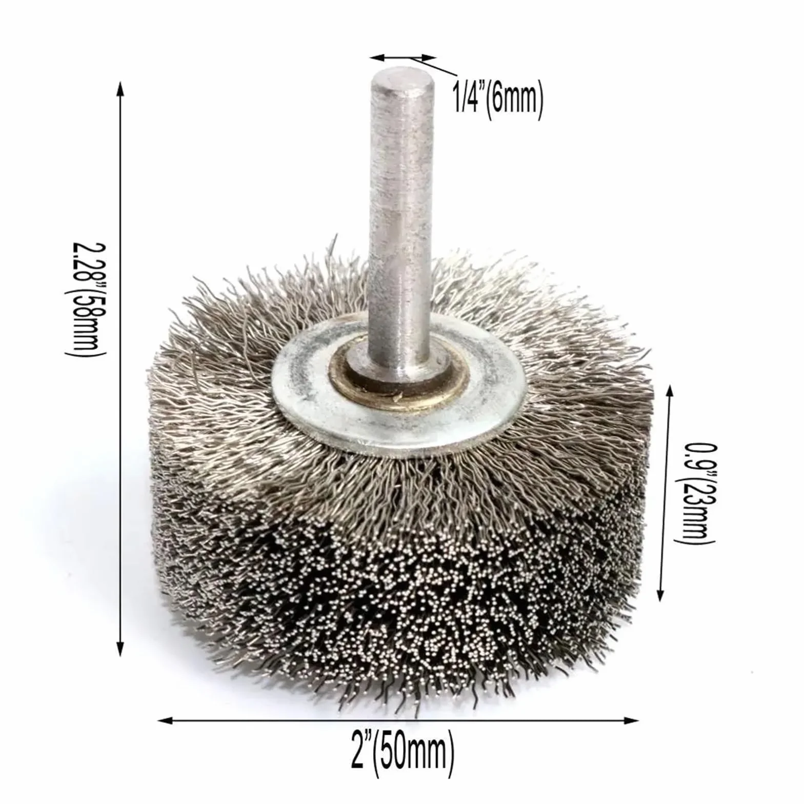 Stainless steel brush, wire brush， 2" cala szeroka tarcza druciana szczotka Conflex do wiertarek okrągły trzonek stalowy drut karbowany 2" średnica 0,0118"(5pcs)