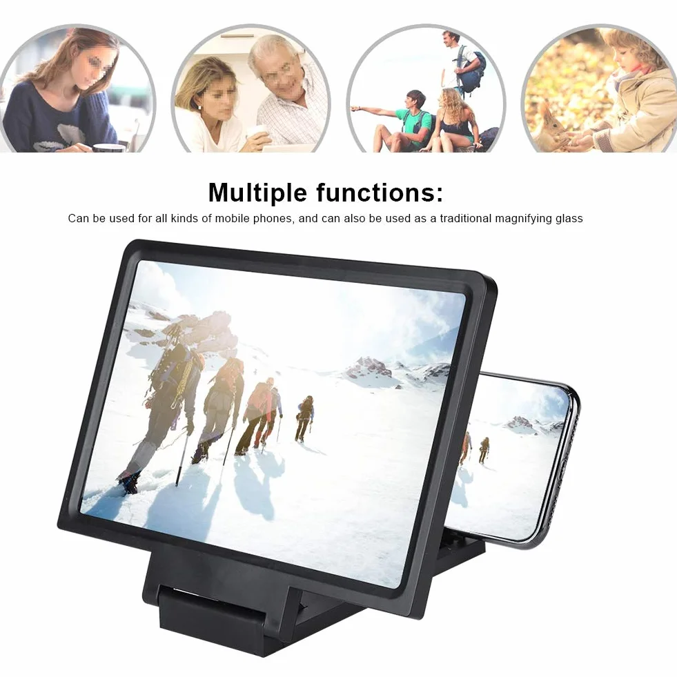 7-calowa Lupa do Ekranu Telefonu, Wideo HD do Telefonu Komórkowego 3D Lupa Ekran Projektora z Głośnikiem, do Filmów, Wideo i Gier, Przydatny Gadżet Techniczny (BLACK)