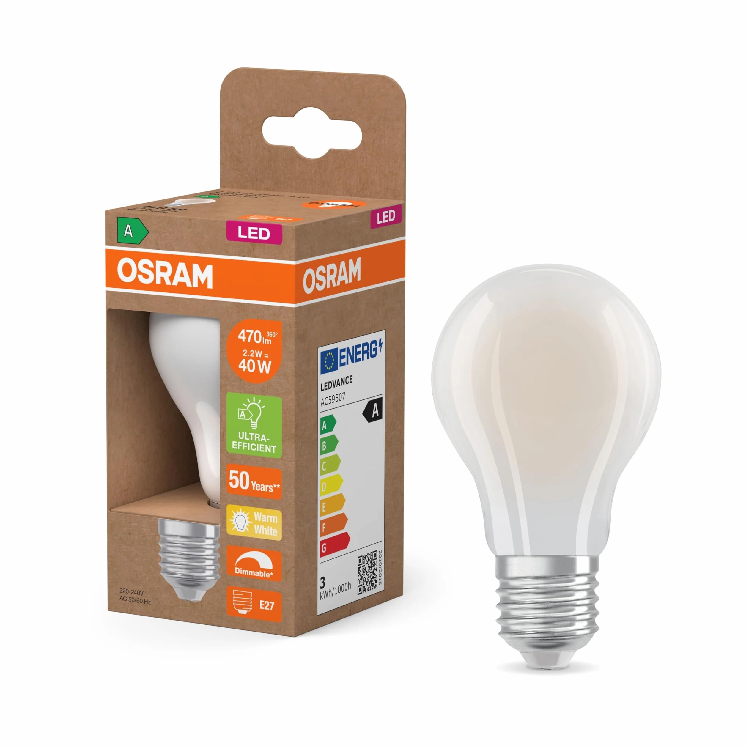 Lampa LED OSRAM klasy energetycznej w klasycznym kształcie żarówki, 2,2 W / 470 lm, EEK A, ciepłe białe światło (2700 K), CRI 80, wykonana z matowego szkła bezołowiowego, trzonek E27, IP20, średnica