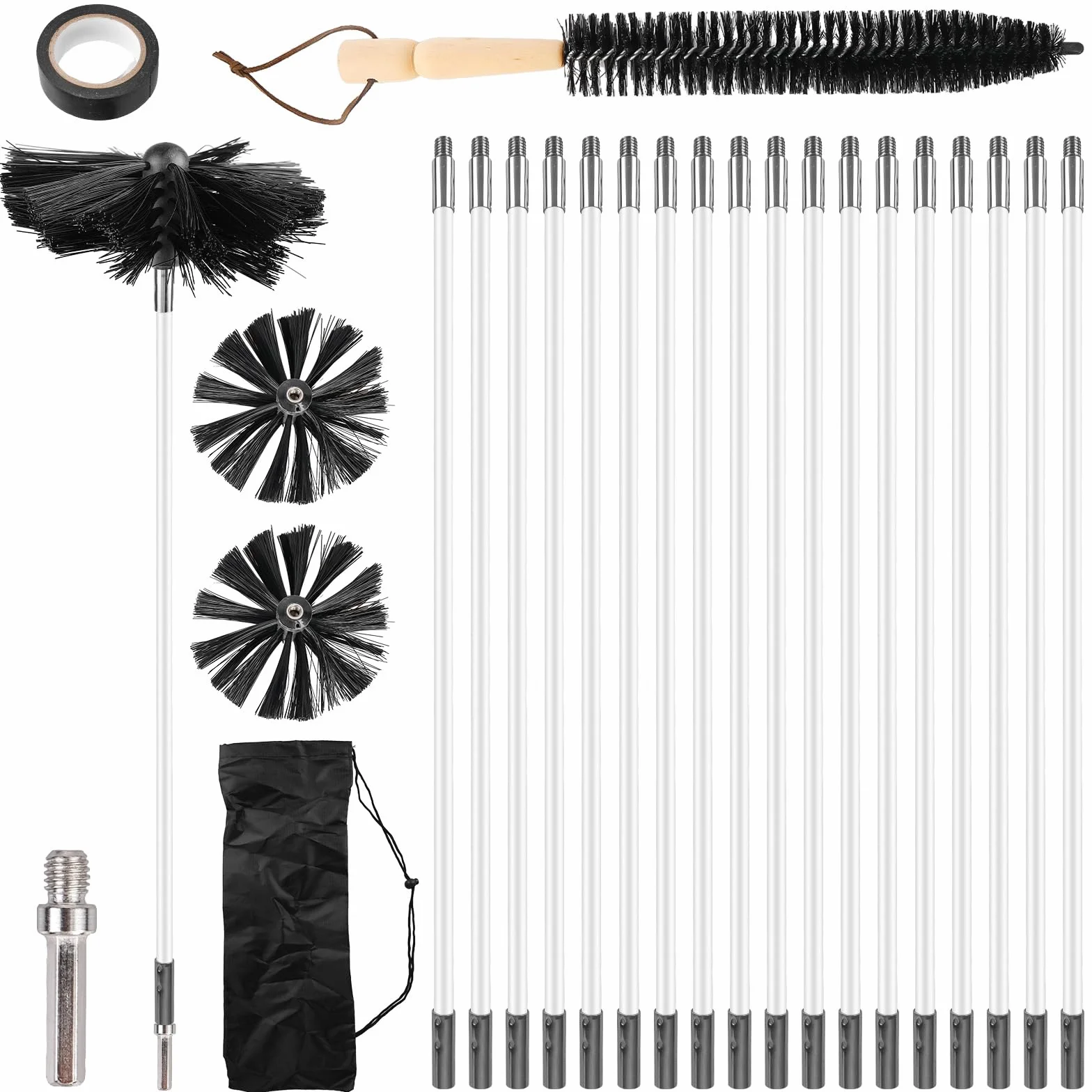 Zestaw 24 sztuk szczotek kominkowych z 18 elastycznymi drążkami 410 mm + 2 głowicami szczotki 150 mm + 1 długa szczotka do drewna + akcesoria, szczotka do czyszczenia kominka, rury kanalizacyjnej