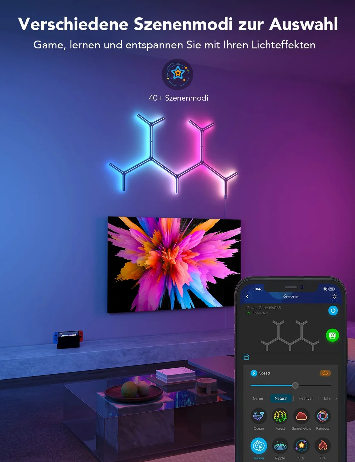 Govee Glide Y Lights, RGBIC LED Gaming Lights, Smart Home DIY kreatywne oświetlenie dekoracyjne z synchronizacją muzyki i 40+ trybów scenerii, lampy ścienne Wi-Fi do salonu, sypialni, 7 sztuk w
