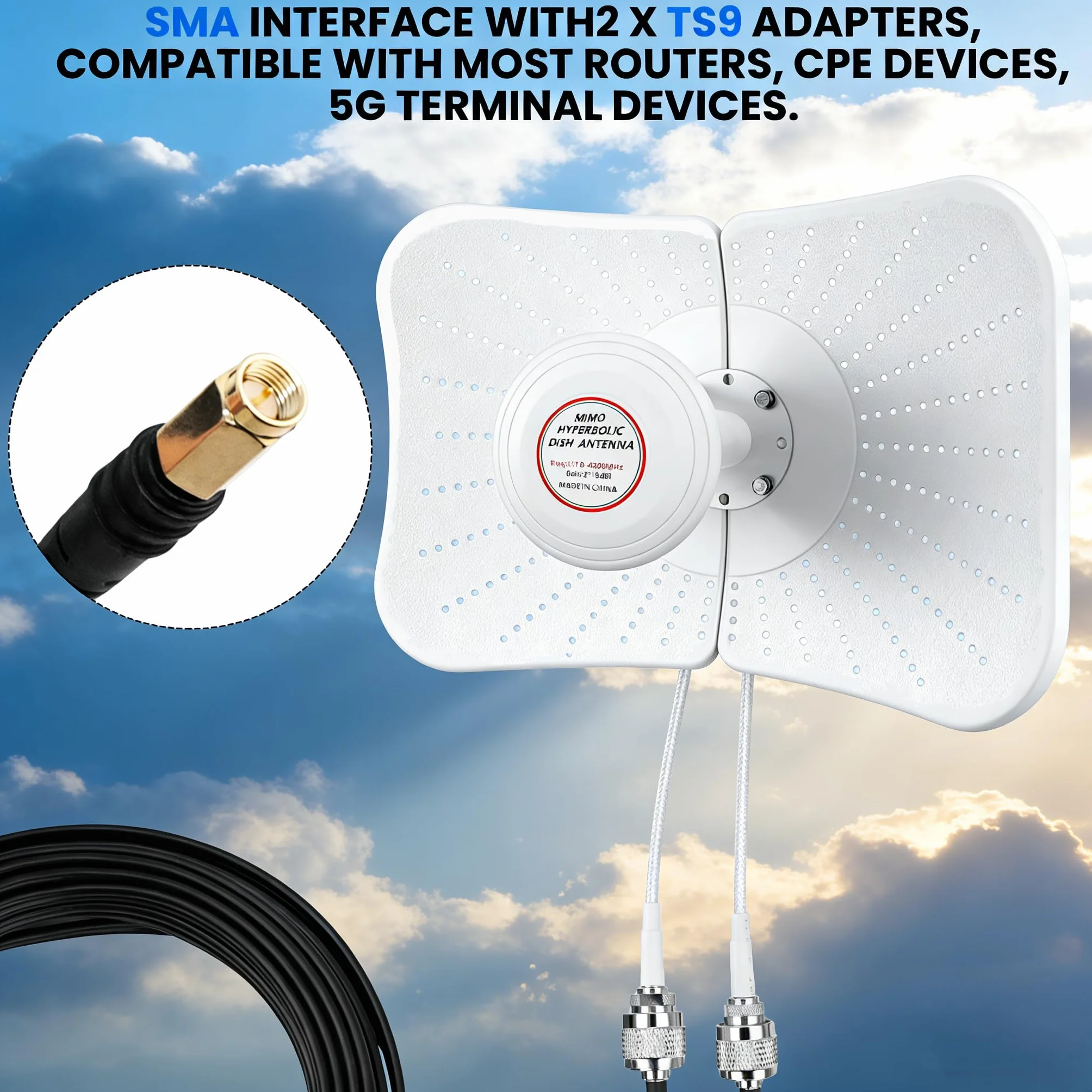 Antena zewnętrzna 4G LTE 5G, antena kierunkowa MIMO, 600-6000 MHz do 22 dB, 2 x 10 m, wzmocnienie kompatybilne z routerem zewnętrznym 2 x TS9