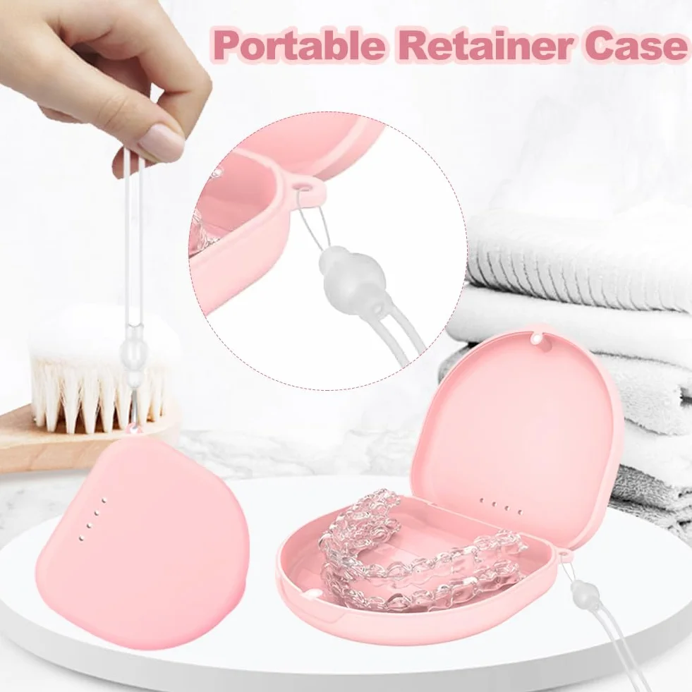 Retainer Case, przenośna wielofunkcyjna podróżna, małe pudełko do produkcji zębów, pusta obudowa do ochrony jamy ustnej z narzędziem do usuwania zębów w kolorze różowym