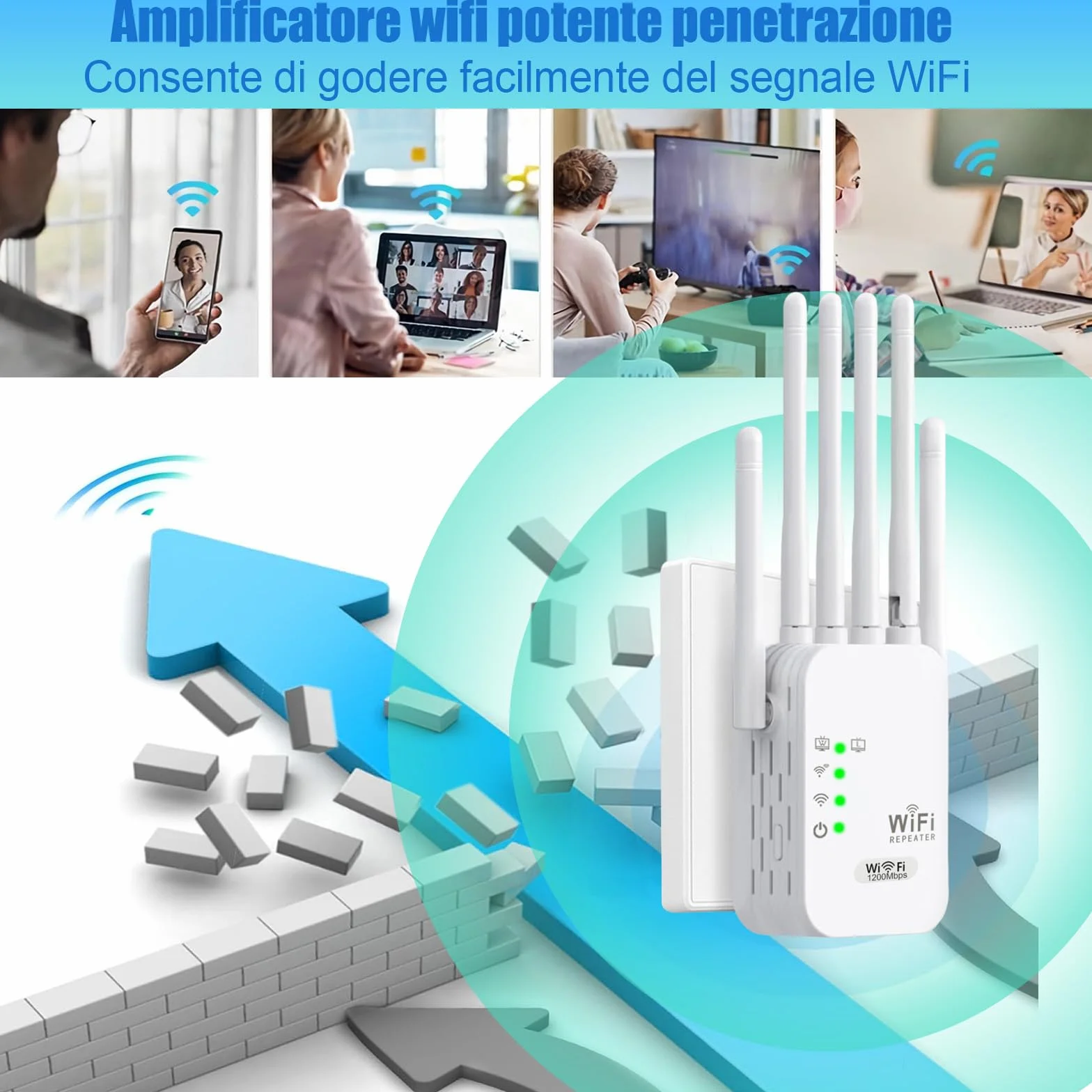 Wzmacniacz sygnału WiFi 1200 Mb/s 6 anten przedłużacz zasięgu 1000 m² 2 porty LAN 3 tryby repeater router AP