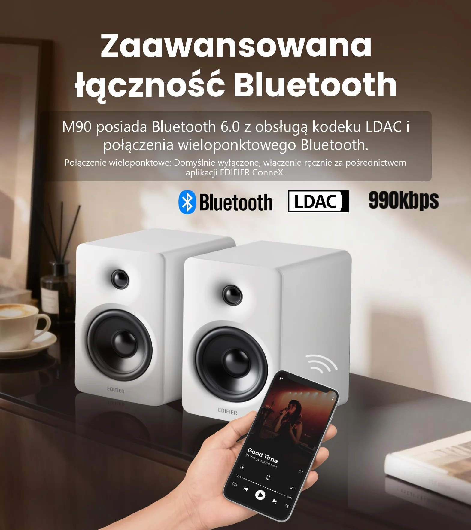 Edifier M90 Głośniki Półkowe 100W RMS Hi-Res Audio LDAC Bluetooth 6.0 HDMI eARC USB-C AUX SUB OUT Biały