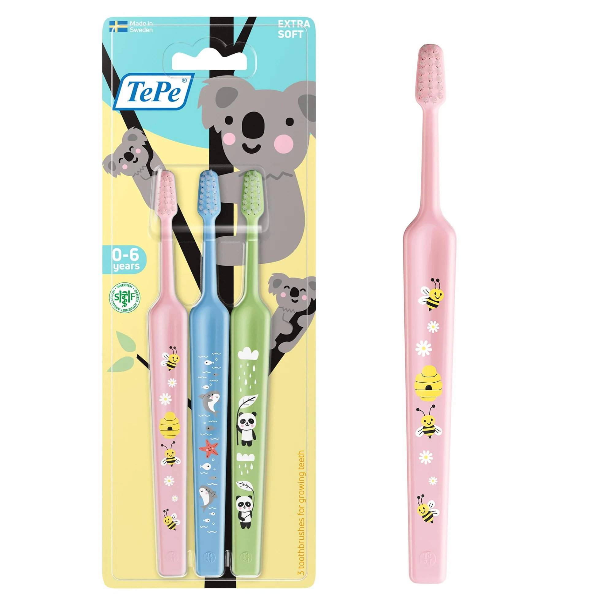 TePe Mini Extra Soft Szczoteczka do zębów dla dzieci, różne kolory, 3 szt., wyjątkowo miękkie włosie, od pierwszego ząbka do 6 lat