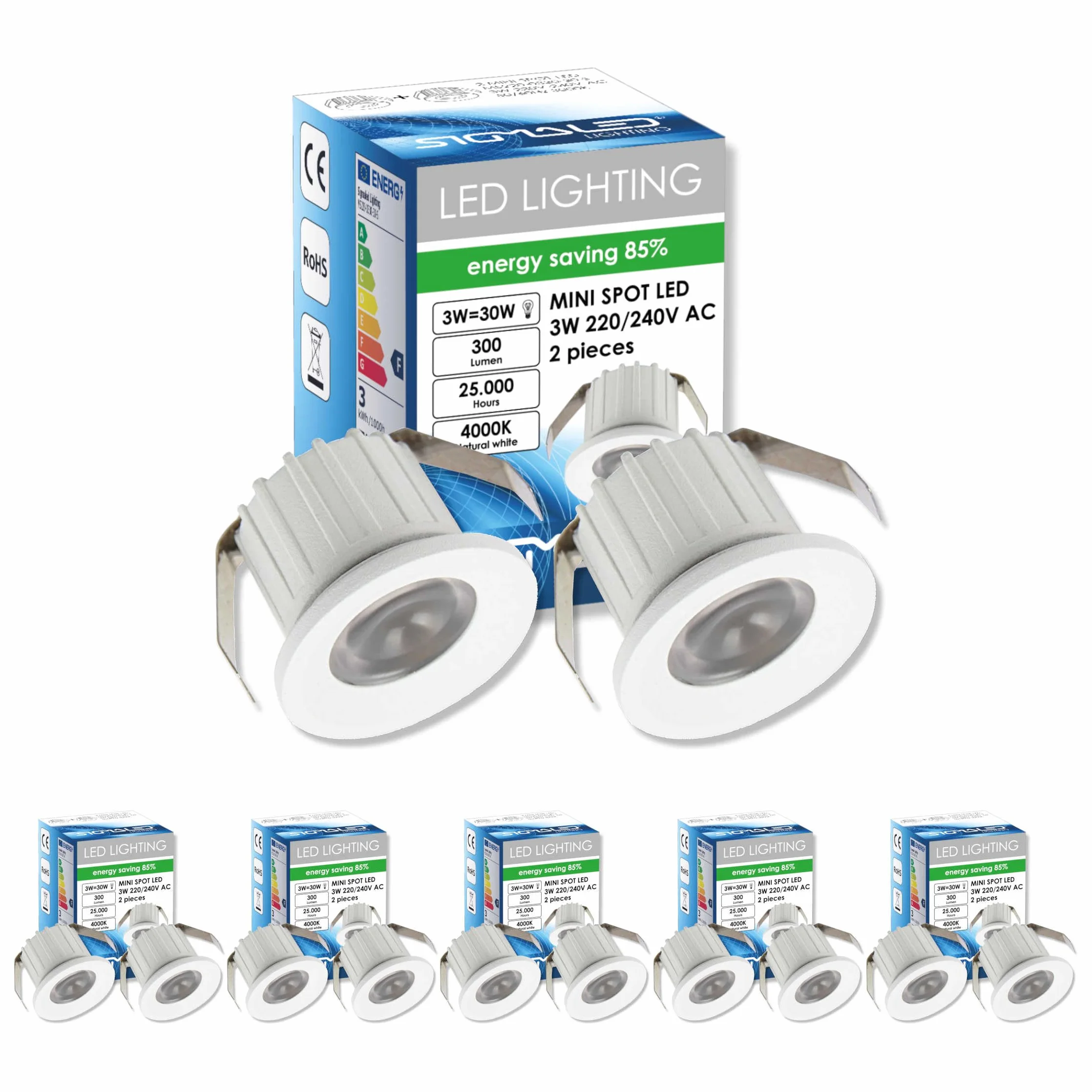 SIGMALED LIGHTING Mini Oprawa LED Wpuszczana Reflektor 3W, Ściemnialna, 300 lm, Neutralna Biała 4000K, Okrągły Spot Sufitowy, 220–240V AC, Bez Transformatora, Zestaw 10 szt.