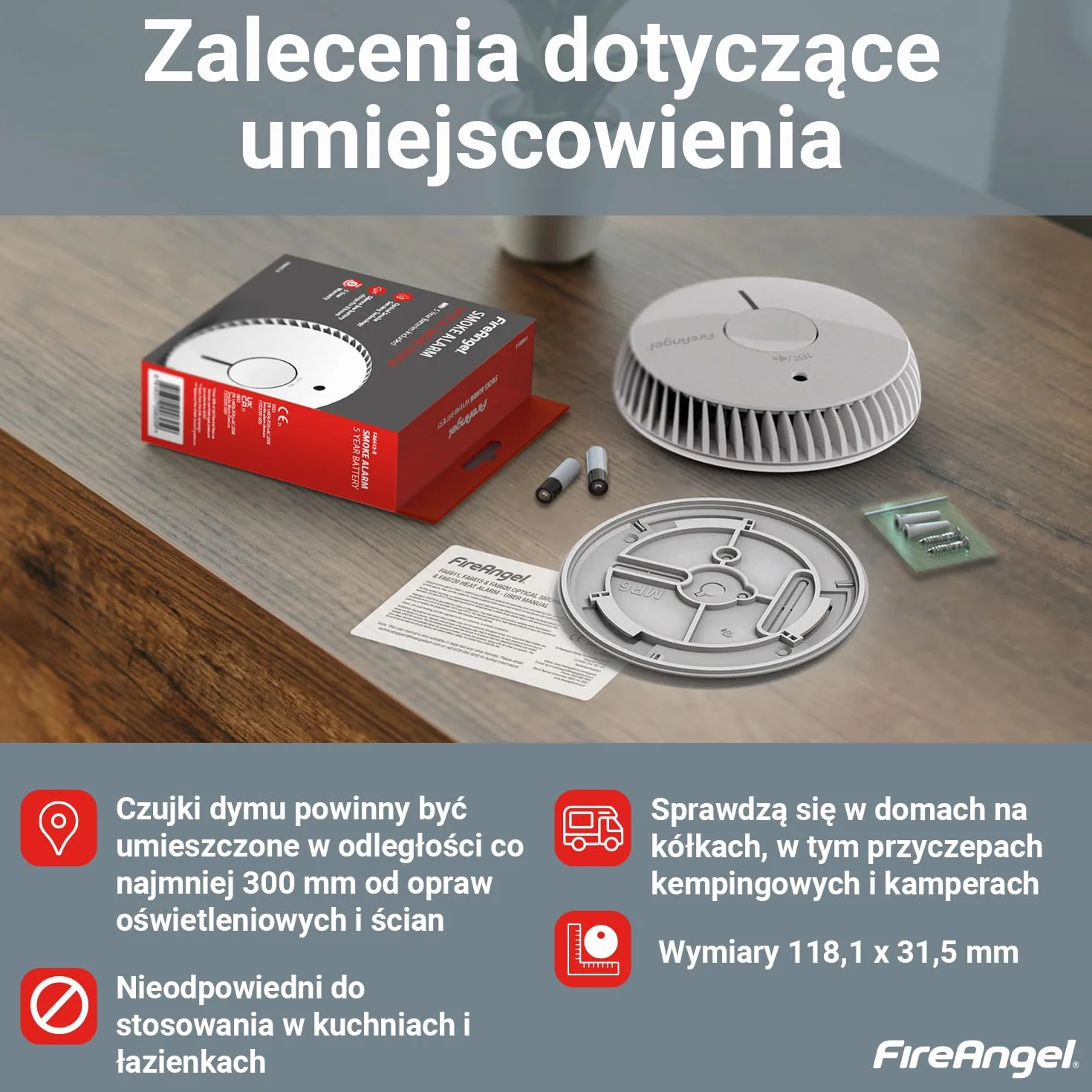 Fire Angel FA6115-INT Optyczny Czujnik Dymu – Detektor Dymu do Domu i Przyczepy Kempingowej na 10 Lat z – Czujnik Przeciwpożarowy – Zamiennik ST-625