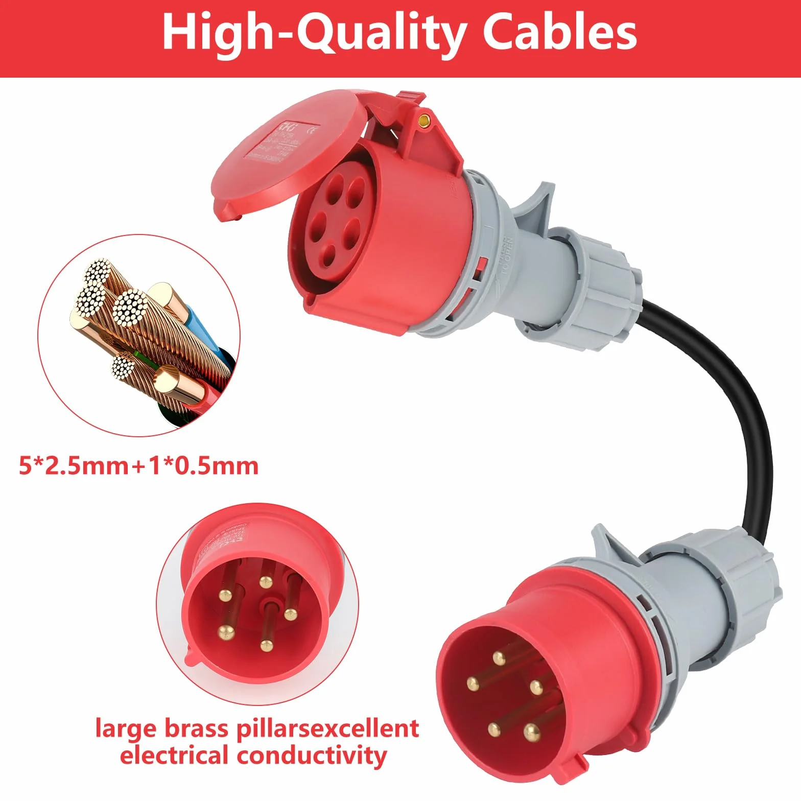 Adapter CEE, wtyczka 32 A (22 kW) na złącze 16 A (11 kW), 5-biegunowy, 400 V, długość 50 cm, stopień ochrony IP44, gumowy wąż