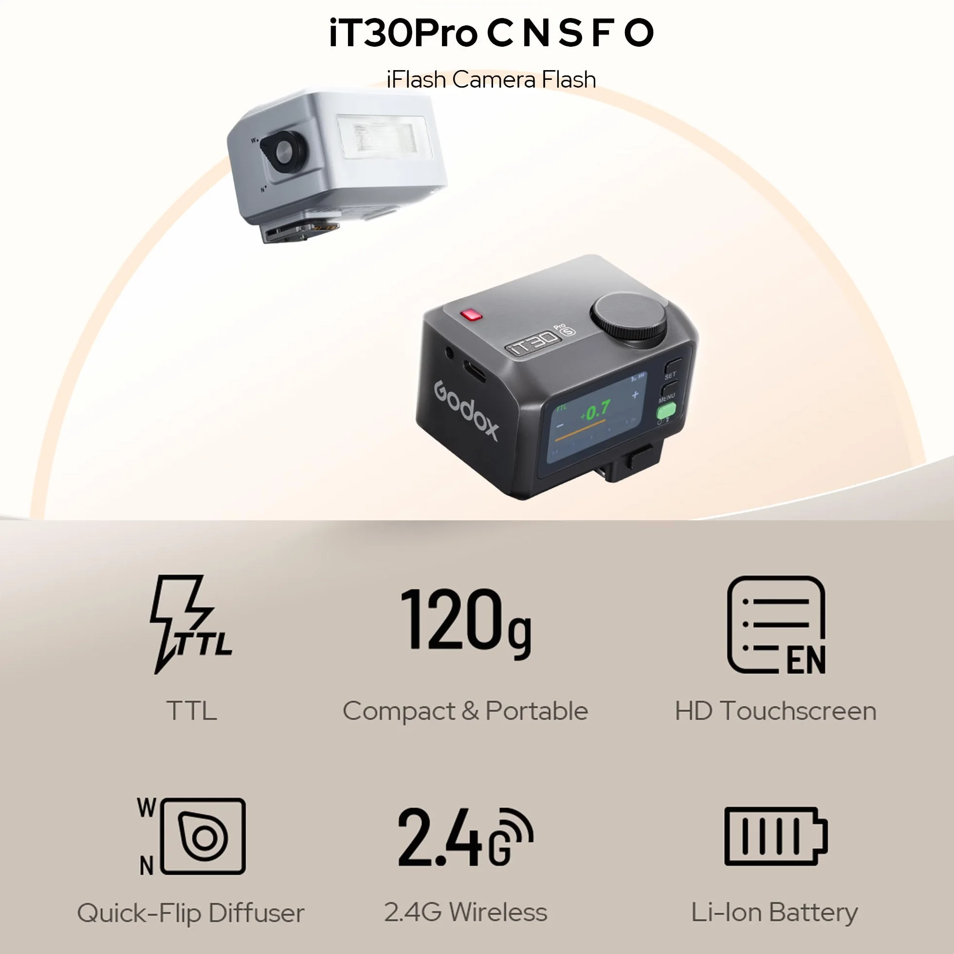 GODOX iT30Pro F Mini TTL Speedlite 2,4 GHz HSS GN15 lampa błyskowa do Fuji srebrny
