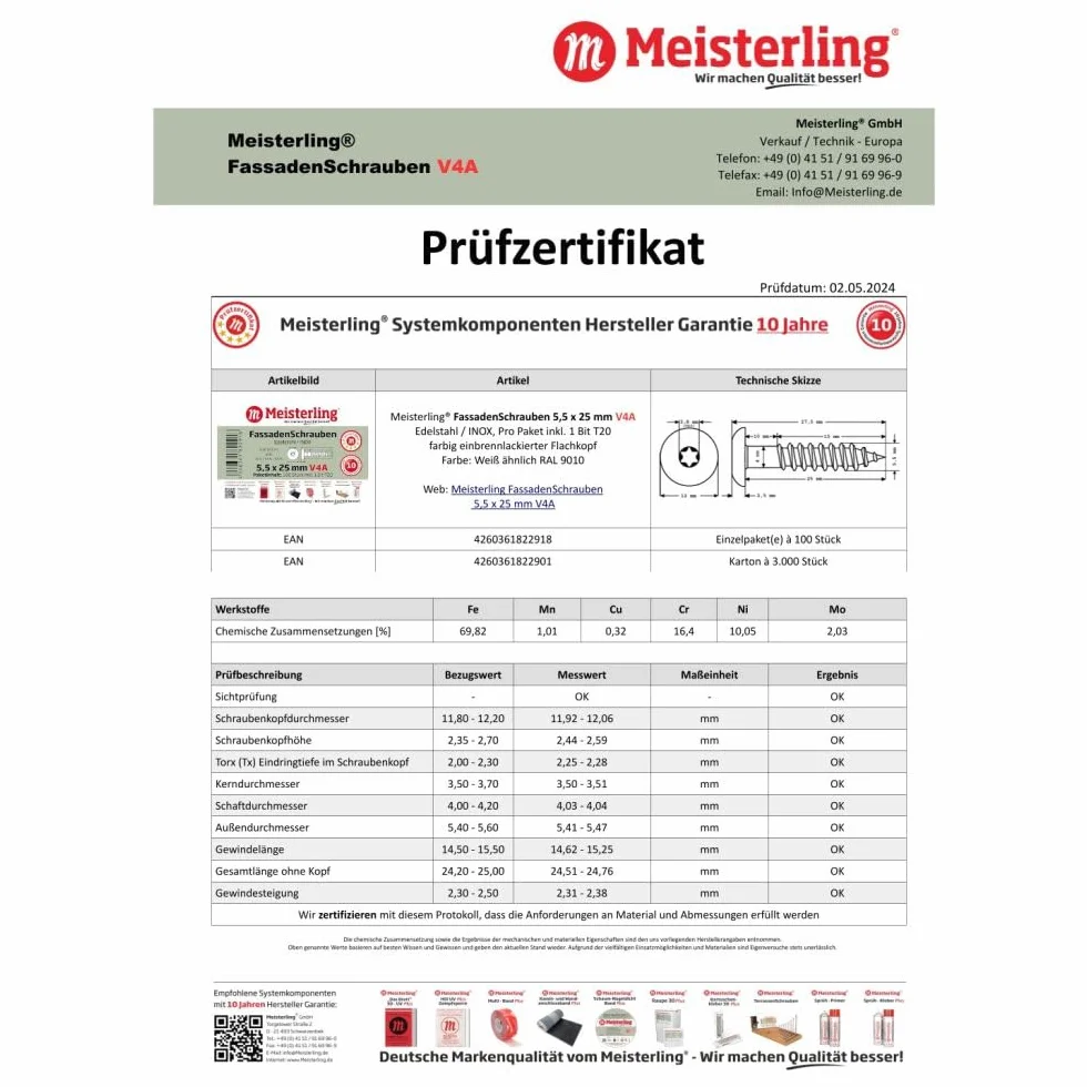 100 x MEISTERLING® śruby fasadowe INOX V4A 5,5 x 25 mm – łeb płaski Torx T20 + 1 bit – biały