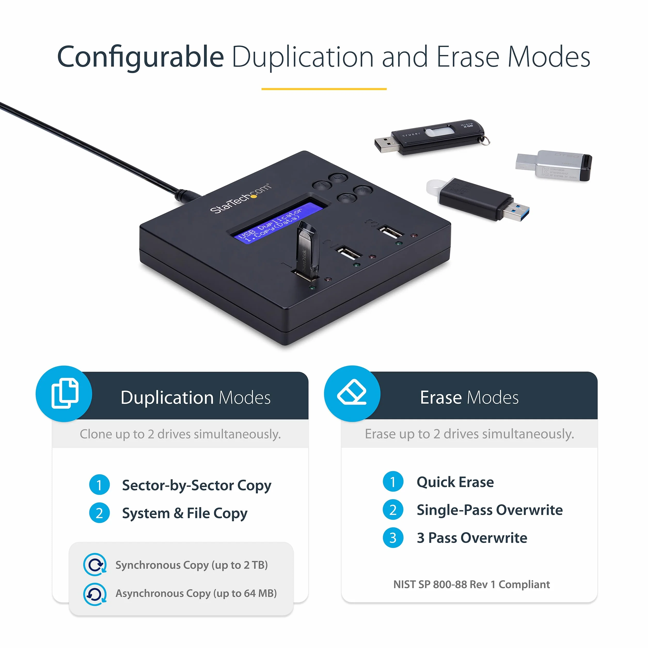 StarTech.com Duplikator USB 1 do 2, kopiarka dysków USB, 1,5 GB/min, 3-przejściowe wymazanie