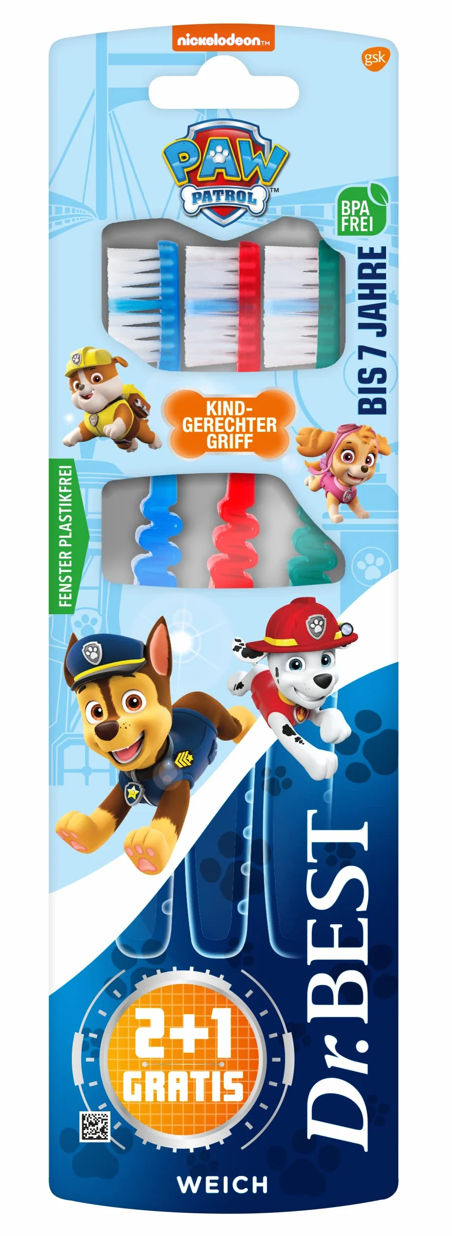 Dr.BEST Psi Patrol szczoteczka do zębów, miękka (2 sztuki + 1 sztuka gratis), miękkie włosie i uchwyt odpowiedni dla dzieci