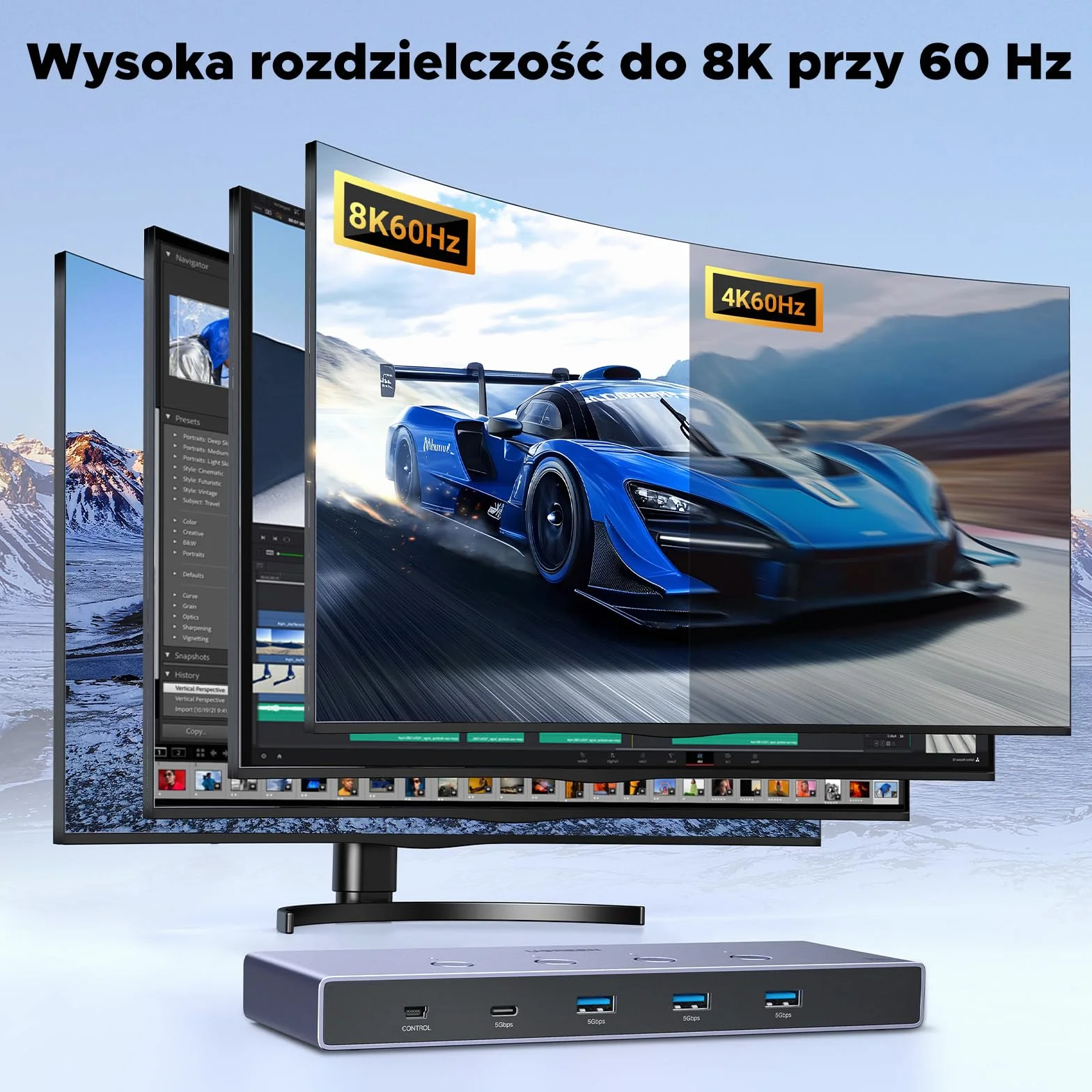 UGREEN HDMI 2.1 KVM Switch 4 In 1 Out 8K@60Hz USB 3.0 Switch 4 Porty (3*USB A+ USB C) Udostępnianie 1 Monitora i Klawiatury, Myszy, Drukarki, Dysku U dla 2 PC