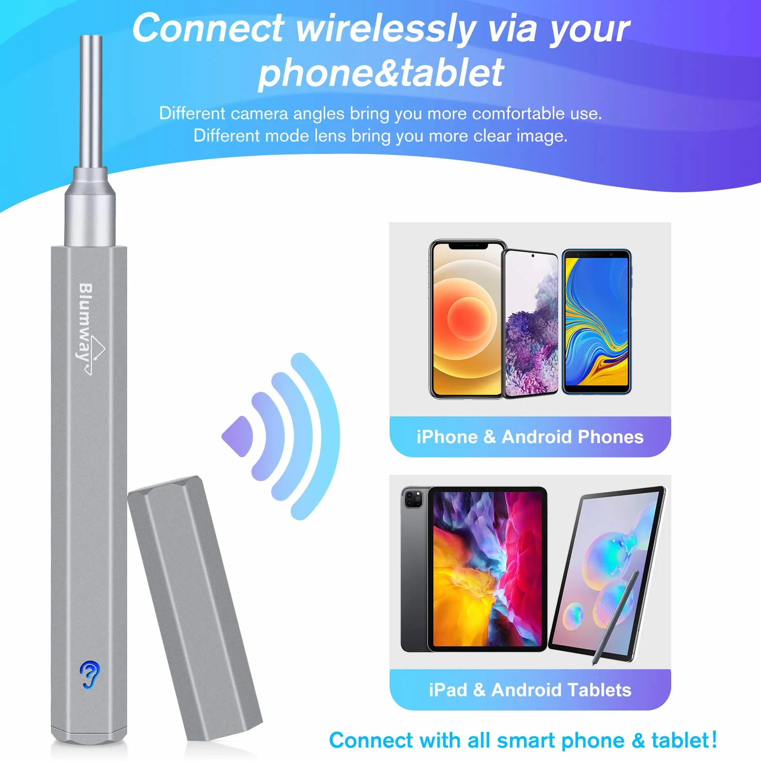 BlumWay WiFi Otoskop 3,5 mm, 1080p HD, endoskop do czyszczenia uszu, aparat z 6 diodami LED, do czyszczenia uszu, dla dzieci, dorosłych, z systemem iOS, Android (szary)