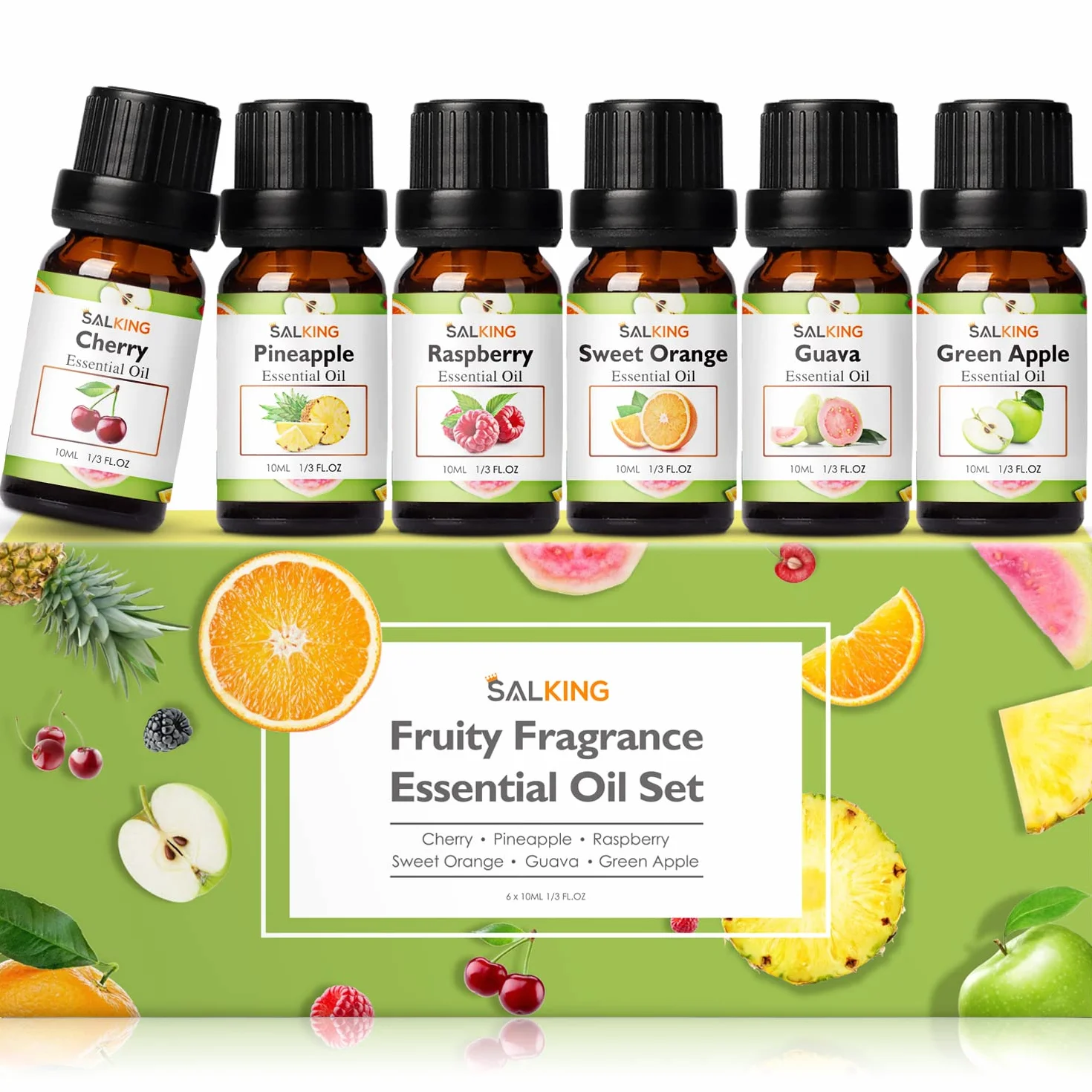 SALKING Zestaw olejków eterycznych, 6 x 10 ml, 100% bio, aromaterapia, olejek zapachowy, zestaw prezentowy do dyfuzora, nawilżacza powietrza, masażu, wiśni, ananasa, malin, słodkiej pomarańczy, guawy, zielonego jabłka