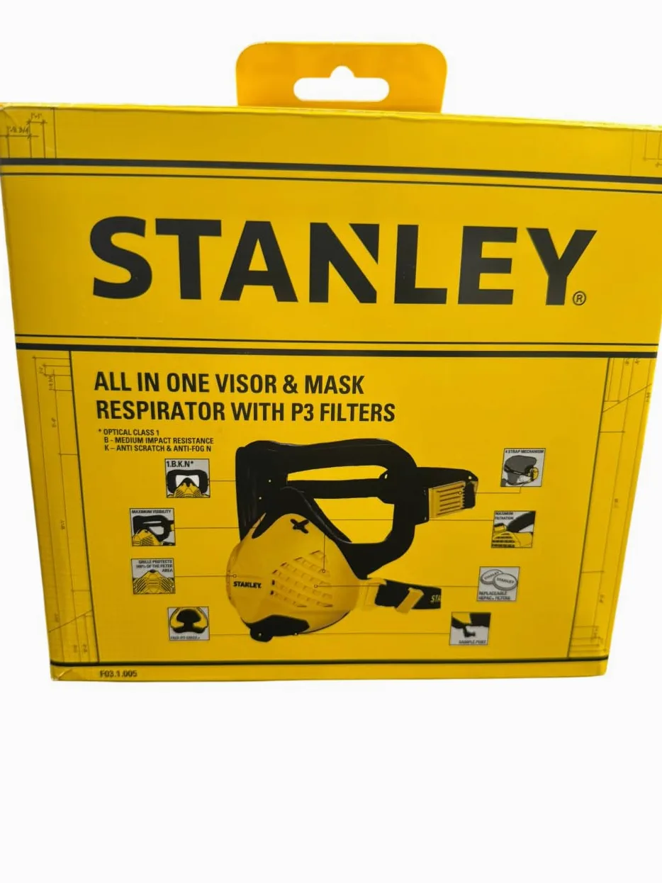 Stanley Technologia Combo-Visor Fit-Check i maksymalna 99,99% -P3 dopasowane filtry w zestawie gogle i do prac budowlanych, cienka maska piaskowa z oddychaniem, żółta, unisex, Żółty, Visor and Dust