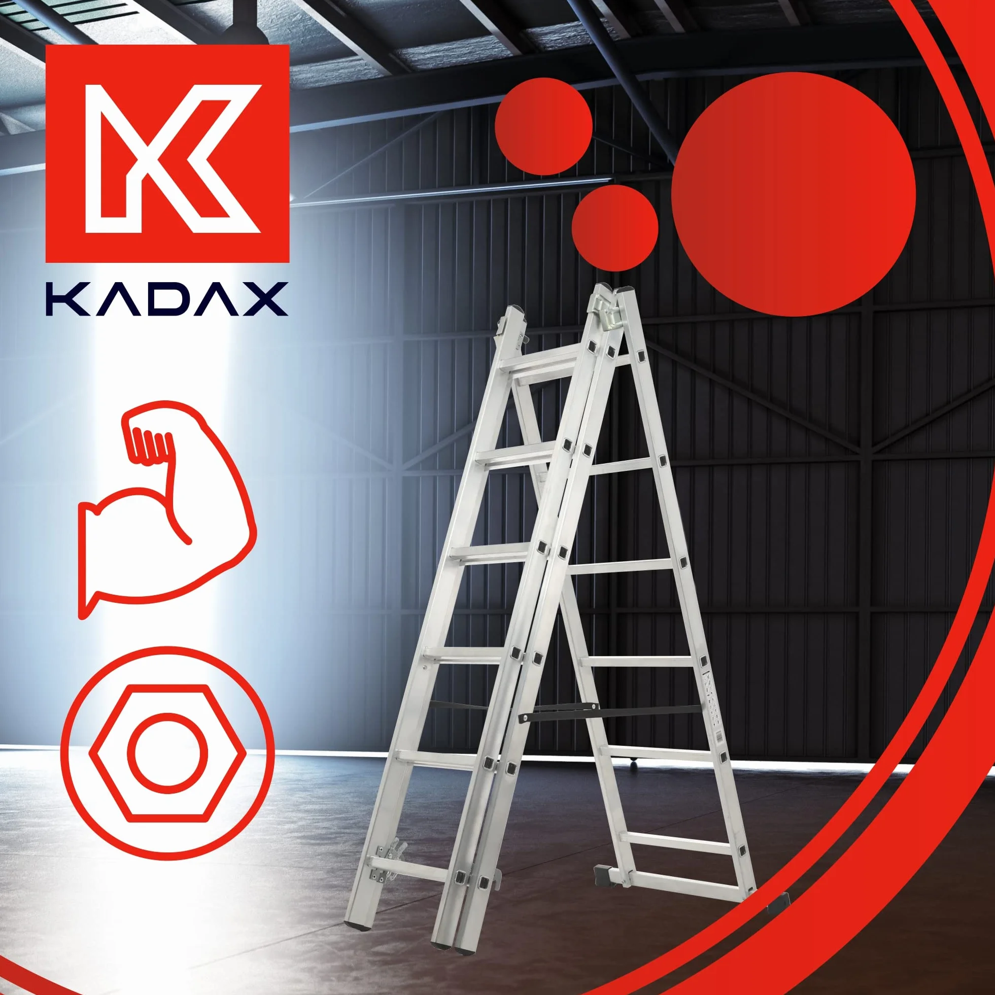 KADAX Drabina aluminiowa wielofunkcyjna, przystawna 6 - stopniowa, udźwig do 150 kg, z hakami, rozsuwana, antypoślizgowe stopnie, do domu i warsztatu