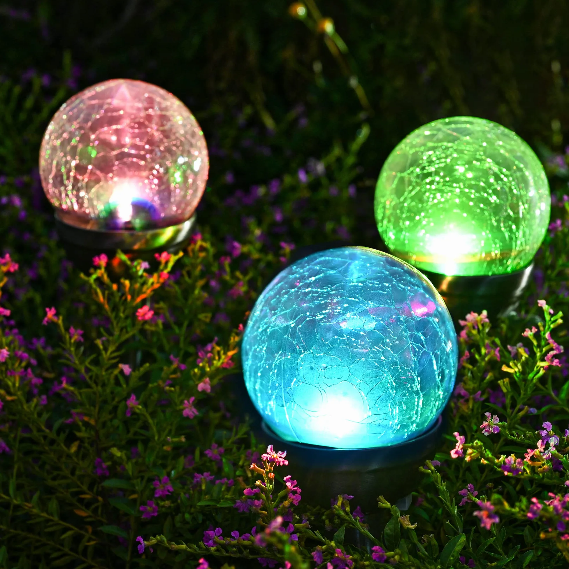 GIGALUMI Lampy solarne na zewnątrz, pęknięta szklana kula, podwójne lampy ogrodowe LED, oświetlenie krajobrazu/ścieżki na ścieżkę, patio, zmieniające kolor podwórka i białe, 3 szt